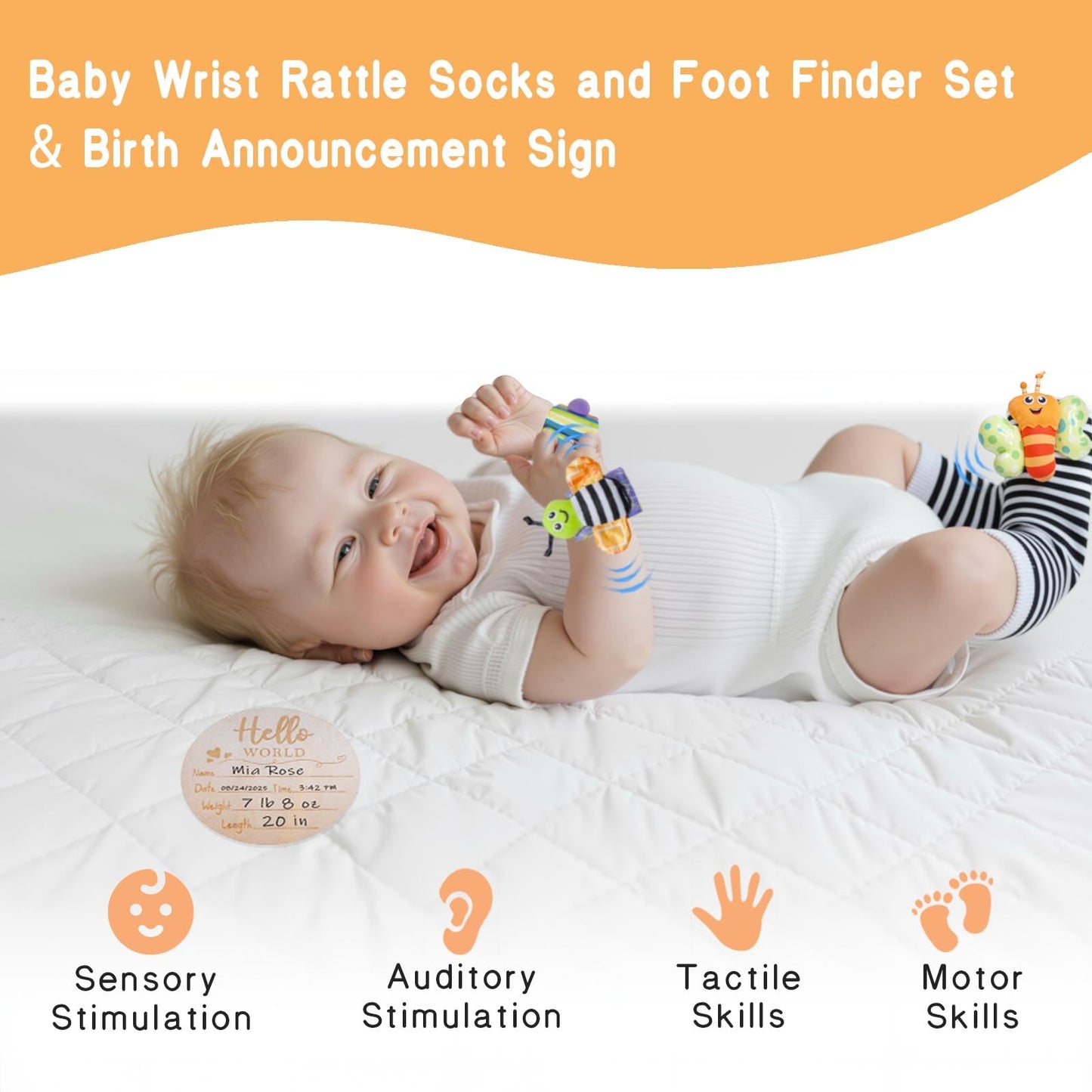 Twefex Wooden Montessori Learning Toy Set, Sensory and Thinking Play Set for Toddlers, 5-in-1 Bath Toys, Cloth Book, Hand and Foot Rattles, and Baby Sensory Toys Soft Hanging