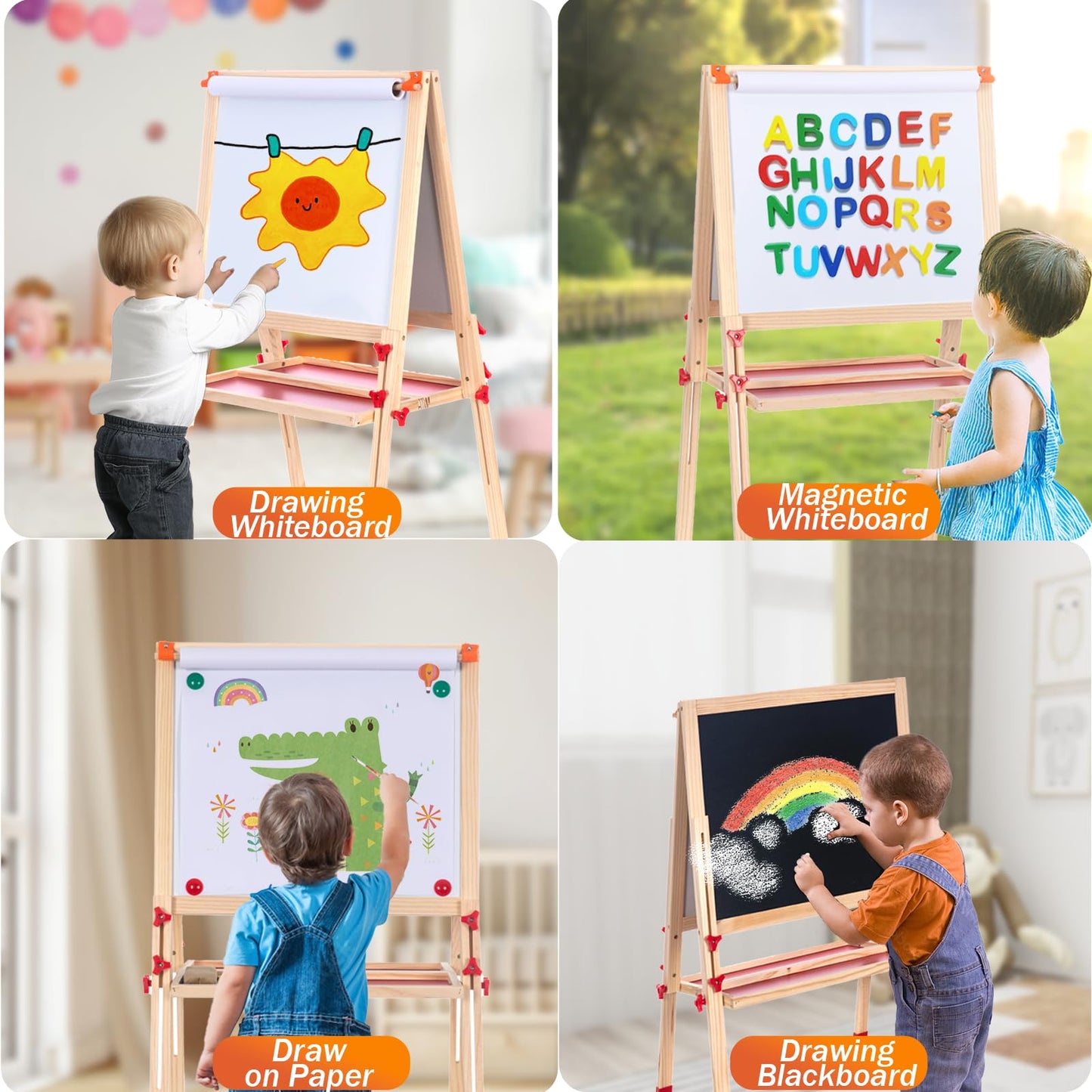 Wooden Adjustable Easel for Kids, Quick-Fold Kids Easel with Paper Roll&Accessories, Double Sided Painting Easels for Toddlers 3,4,5,6,7,8,9,10 Years, Perfect Painting Gifts&Supplies for Boys&Girls