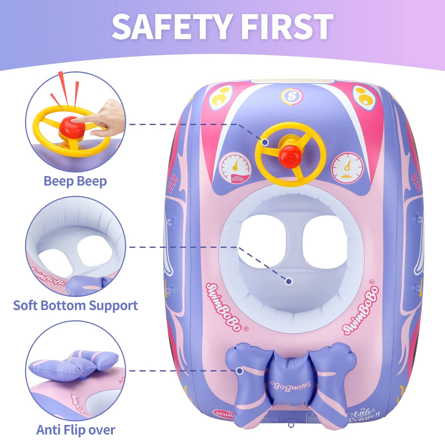 Swimbobo Toddler Pool Float with Seat Boat Inflatable Ride-on Car for Kids Outdoor Toys(Purple Pink Car)