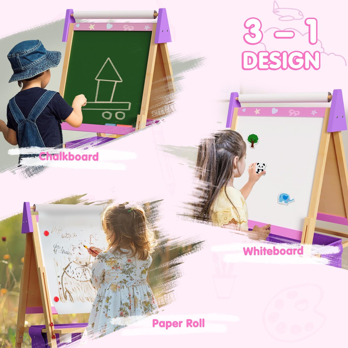 Art Easel for Kids, Adjustable Standing Wooden Toddler Easels, Kids Whiteboard & Blackboard with Paper Roll, Dry Erase Board, Drawing and Painting for Aged 2-4, 5-7, 8-12, Art Supplies Included