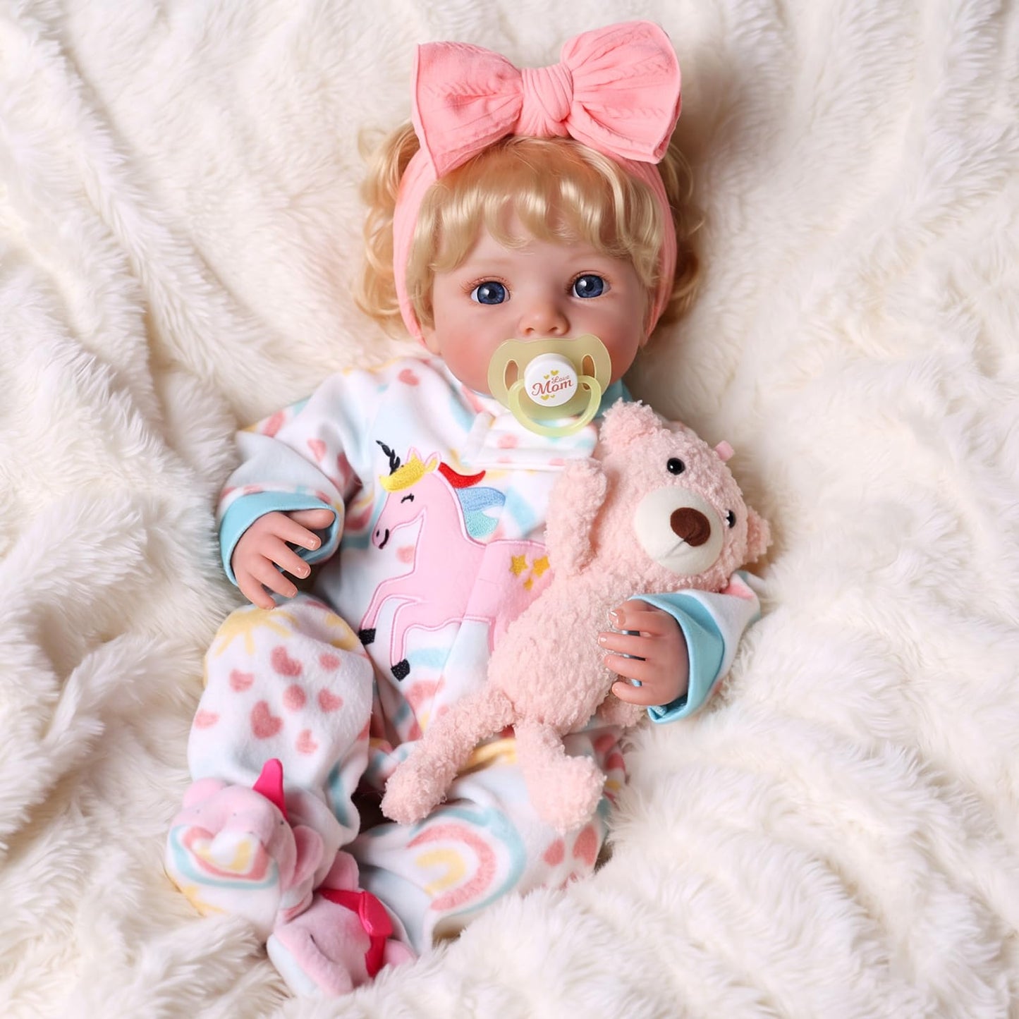 BABESIDE Reborn Baby Dolls with Moving Eyes,17 Inch Realistic Baby Doll Girl with Blond Curly Hair, Real Life Baby Doll with Accessories, Gift for Kids 3+ Pretend Play, Collection