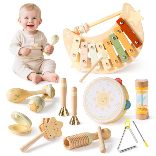 ROBUD Toddler Musical Instruments, Montessori Wooden Baby Musical Toys, Neutral Colors Musical Toys for Toddlers 1-3, Educational Percussion Set, for Boys and Girls(Star and Moon Theme)