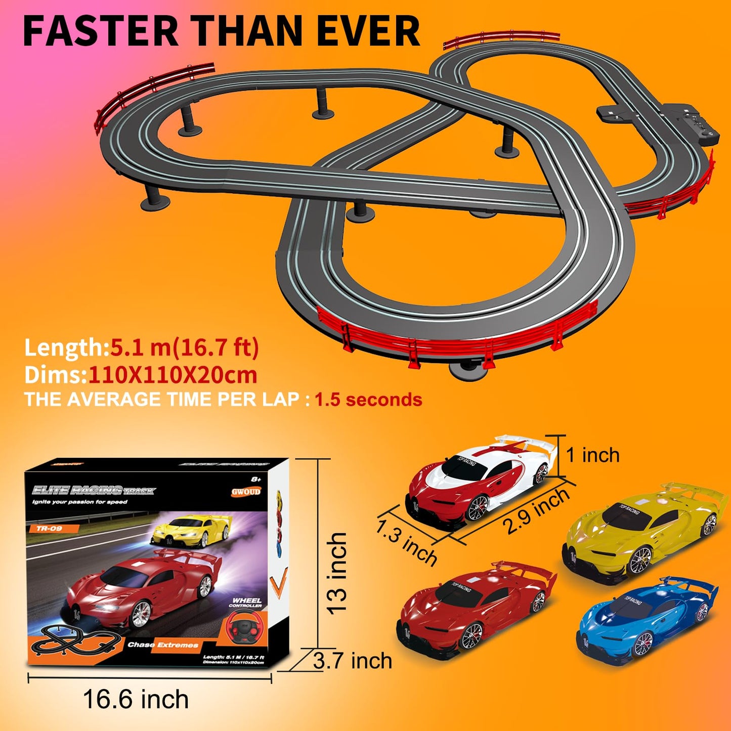 Slot Car Race Track Set with 4 Light-Up Cars, 2 Speed Adjustable Steering Wheel Controllers, 16.7ft Track with Overpass, Lap Counter, Dual Power Mode, Gift for Boys Girls Age 8+