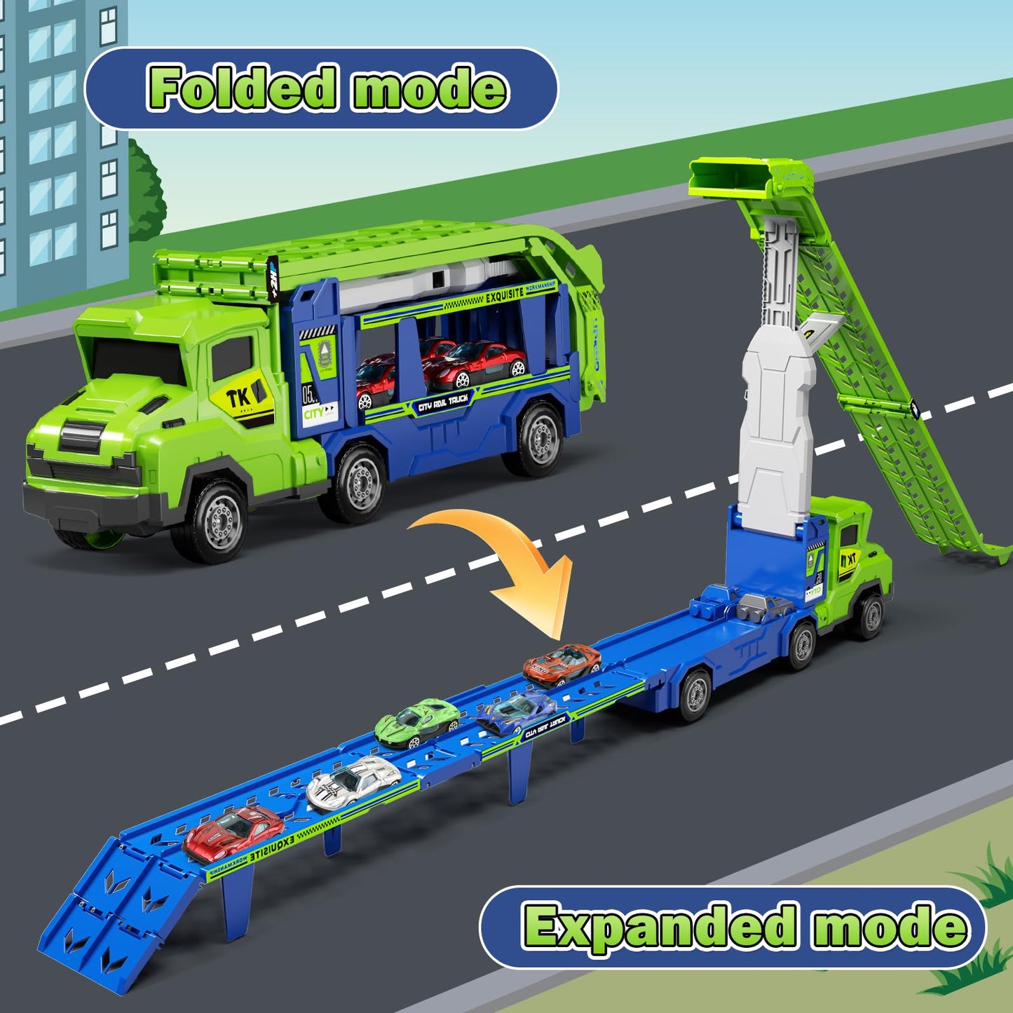 Kids Toys for 3 4 5 6 7 8 Years Old Boys, 3 in 1 Carrier Truck Transport Car Toys, Foldable 2 Track Truck Playset with 25-in Race Track, 6 Metal Toy Cars, Birthday Toy Gift for Toddler Boys Girls