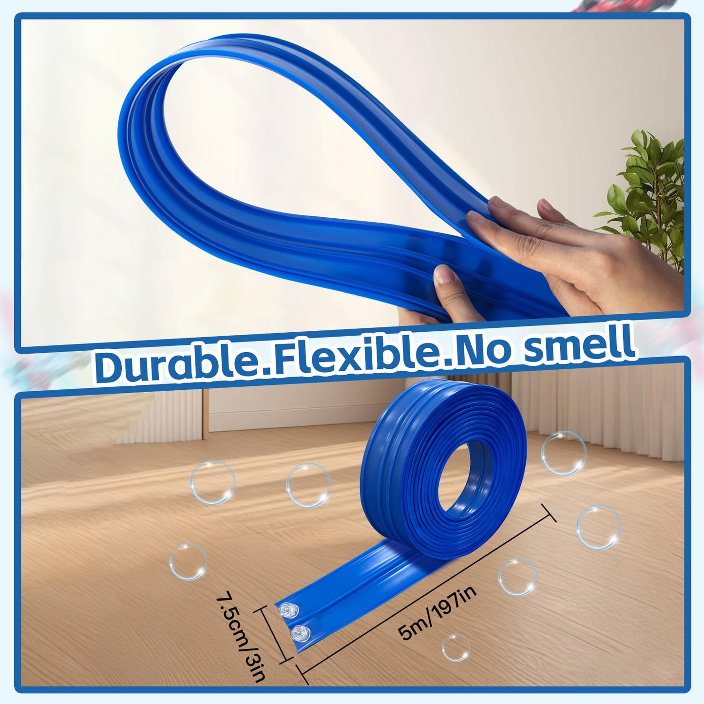 16.5 Ft Flexible Race Track for Kids, Portable DIY Roll-Up Racetrack Set Compatible with Diecast 1/64th Cars - Includes 8 Racing Cars & Super-Grip Gravity Ramp, Birthday Gift for Boys Girls 3-8, Blue