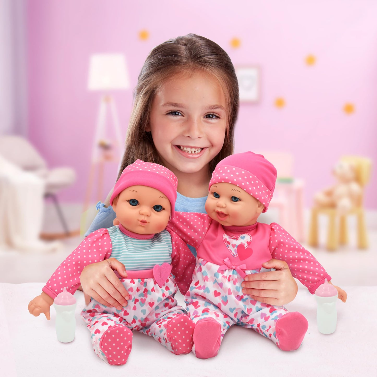 Little Darlings: 12" Talking Twins - Pink, Teal, Hearts - 2 Soft Body Baby Dolls, Make 12 Sounds, 2 Bottles, New Adventures, Toddler & Kids Ages 2+