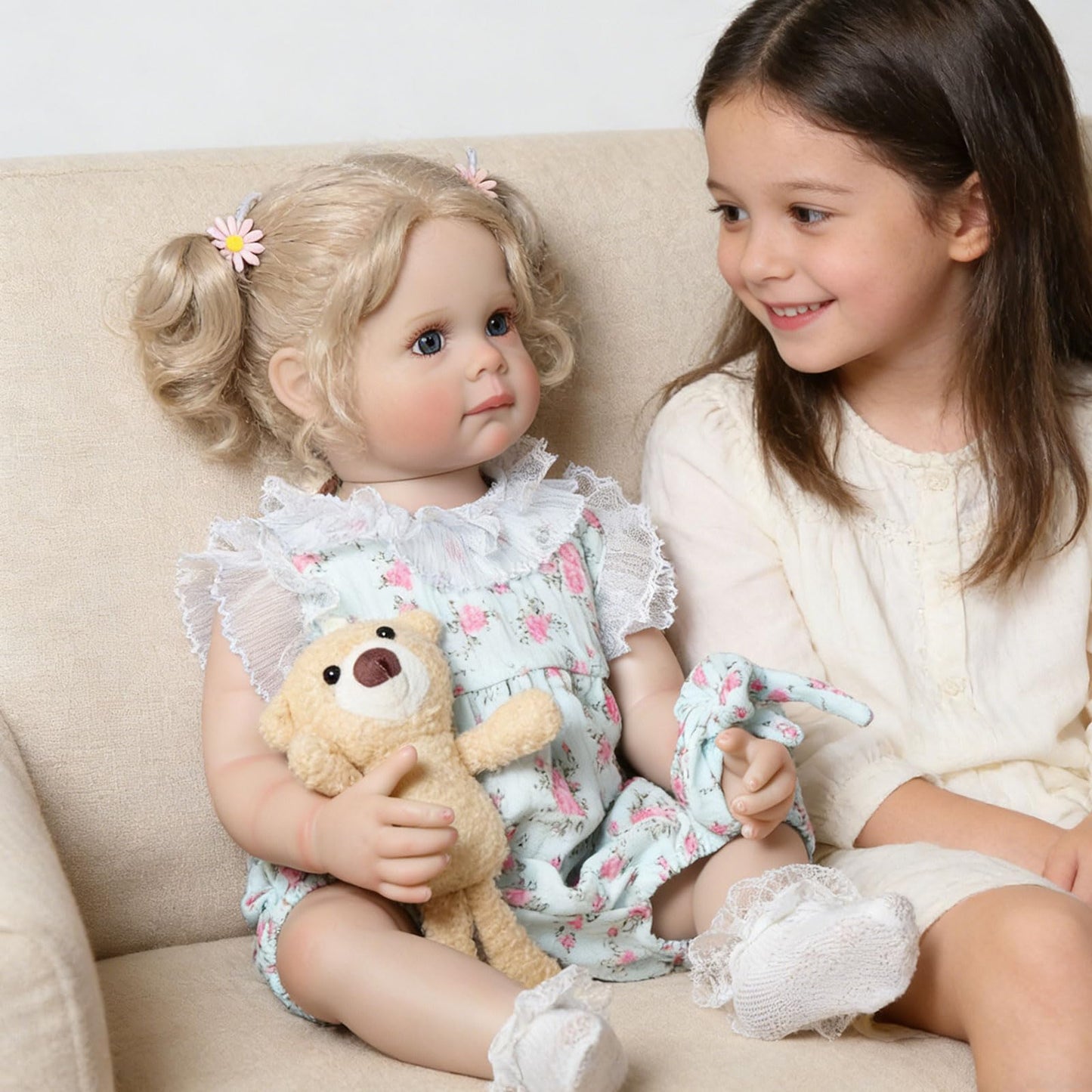 Tookyhill Lifelike Reborn Baby Doll - 22 Inch Realistic Blonde Toddler Doll with Curly Hair, Blue Eyes & Soft Plush Bear, BPA-Free Poseable Full Body Vinyl Real Life Doll for 3+ Kids Pretend Play
