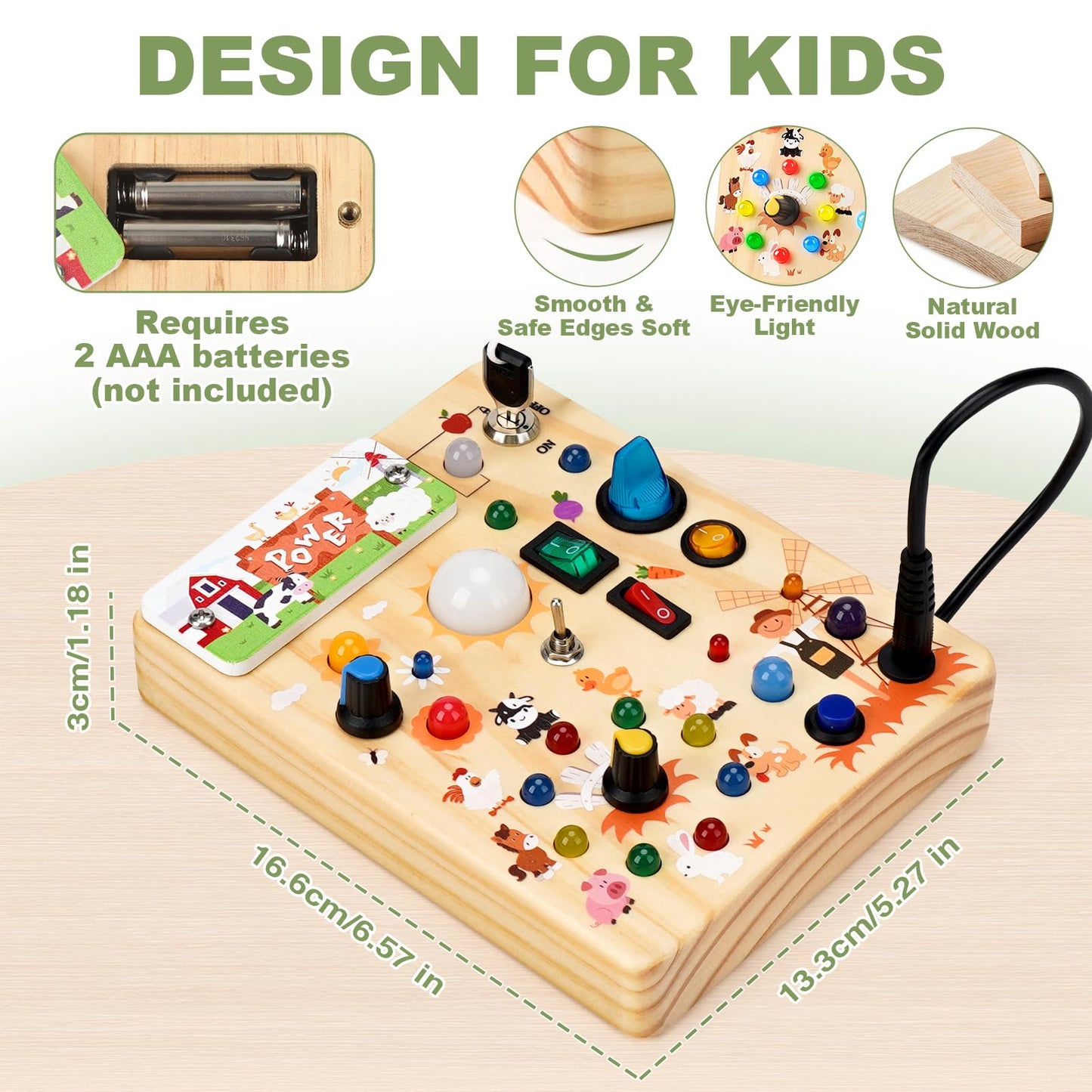 Busy Board for Toddlers 1-3 - Montessori Educational Sensory Toy with 10 Switches & 19 Lights, Activity Board for Fine Motor Skills, Travel Toys for 1+ Year Old Boy & Girl Birthday Gift（Farm Theme）