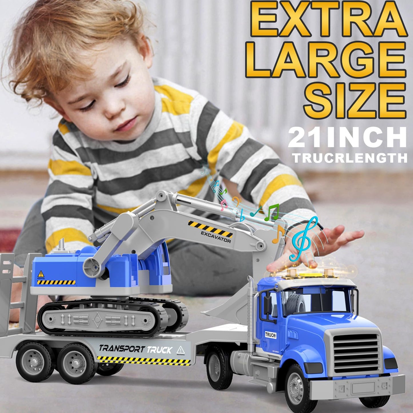 DOWELLIN Transports Trucks Kids Toys, 22" Large Semi Truck Toy Carrier and Excavator Truck with Sound&Light,Friction Powered Cars Toys Birthday for Boys Girls 3 4 5 6 7 8