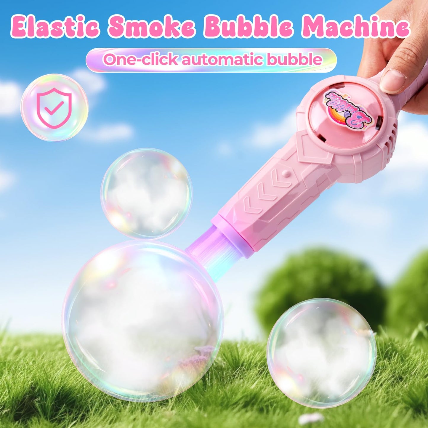 Smoke Bubble Machine, Elastic Bubble Fog Wand, Rechargeable Fog Bubble Machine with Lights & Sound, for Parties Outdoor Interactive Fun (Pink)