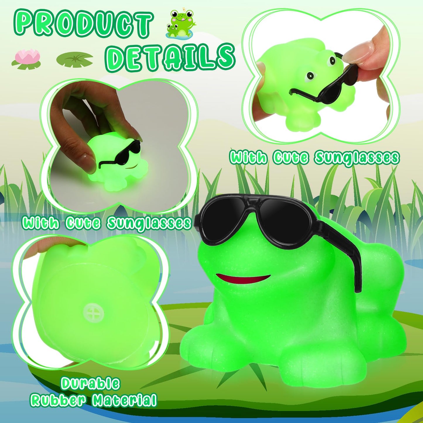 Halloscume 36 Pack Rubber Frogs Squeak and Floating Mini Glow in The Dark Frogs with Glasses Cute Swimming Bathtub Toy for Spring Party Favor