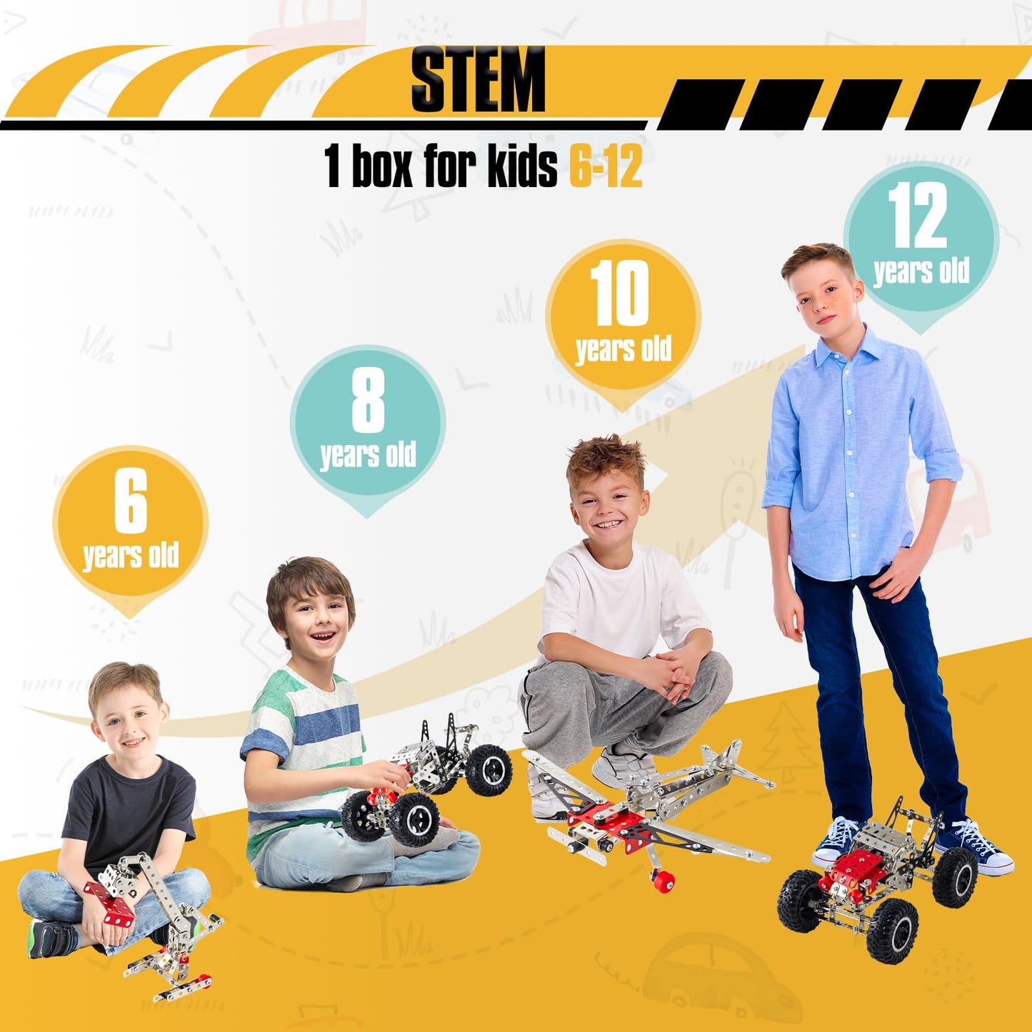 Volico 6-in-1 STEM Kit - Engineering Metal Truck, Airplane and Sports Car Excavator Toy for Boys 8-12 - STEM Building Toys for Kids 5-7, 6-8, 8-10 Educational Toys for Kids Boys Model Kit