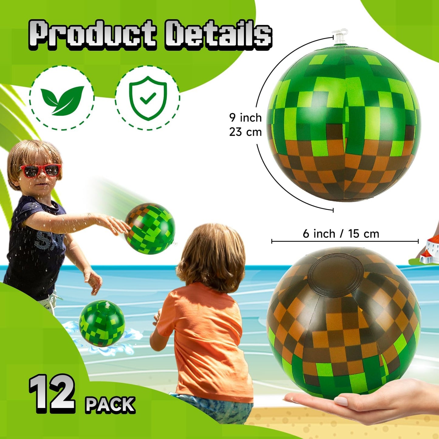 ZSMKJIAYE 12 Pack Pixel Themed Beach Balls - 6 Inches Green and Brown Inflatable Floating Balls for Birthday Party Decorations, Summer Pool and Beach Game, and Bulk Birthday Party Favors