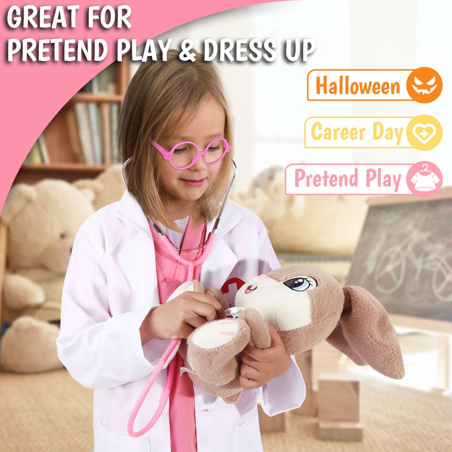 Boutrele 12 PCS Doctor Costume for Kids,Scrubs with Lab Coat/Nurse Costume Kids Set,Girls Boys Doctor Career Day Costumes(Pink, 4-5 Years)