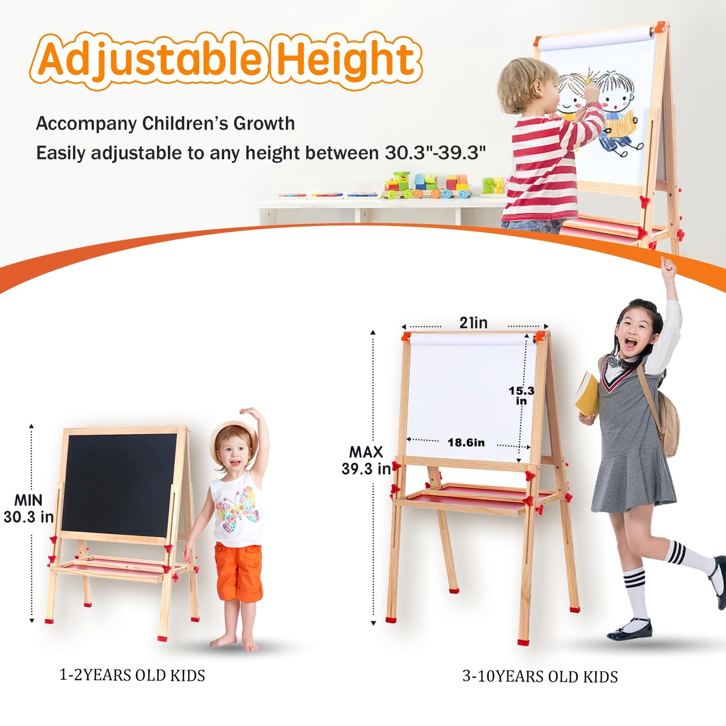 Wooden Adjustable Easel for Kids, Quick-Fold Kids Easel with Paper Roll&Accessories, Double Sided Painting Easels for Toddlers 3,4,5,6,7,8,9,10 Years, Perfect Painting Gifts&Supplies for Boys&Girls