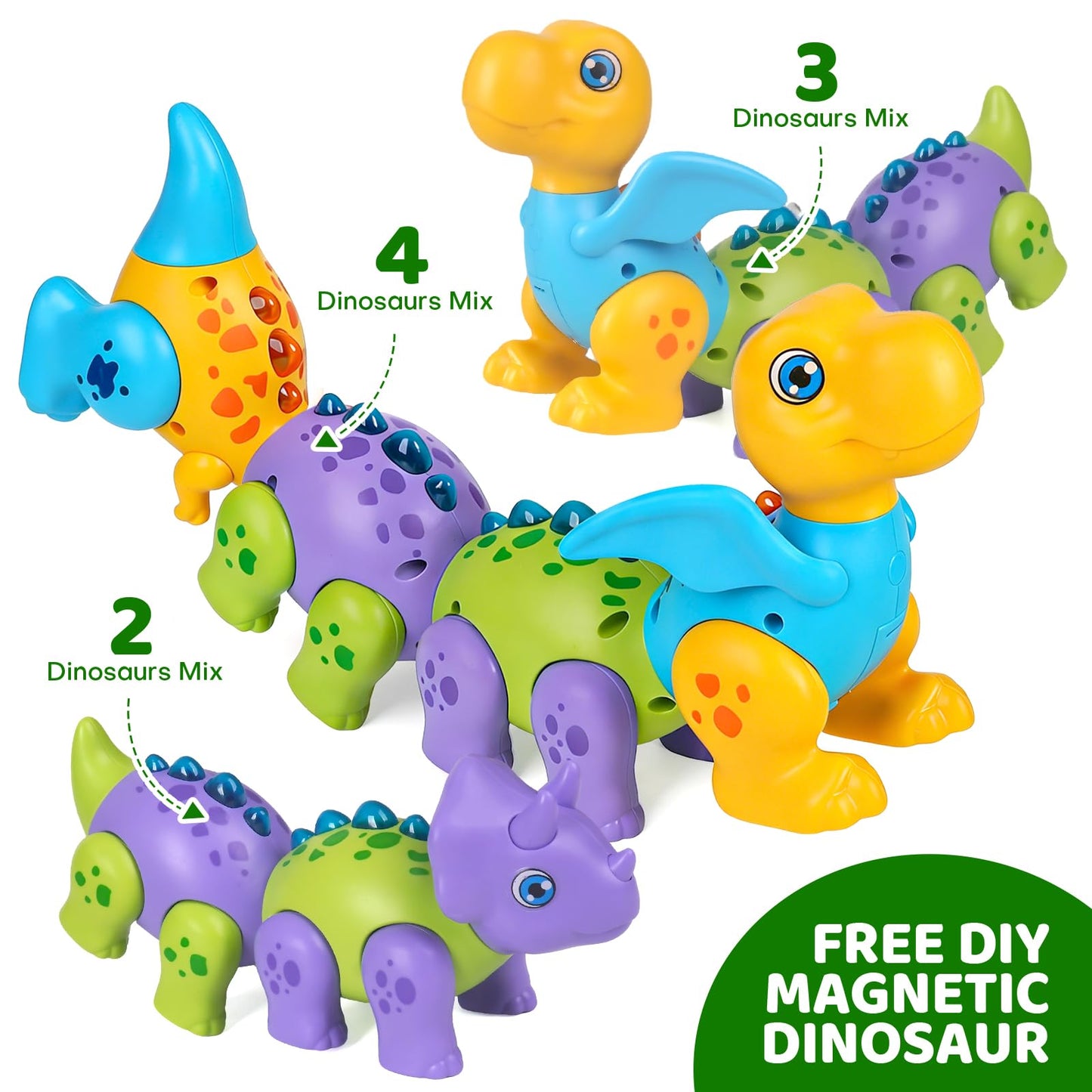 HOPANDOS Magnetic Dinosaur Toy Set for Kids - Assembly Dino Toys with Light & Music, Take Apart Building Set for Toddlers 3-5, Sensory STEM Educational Baby Toy, Birthday Gift for Boys Girls 1-3