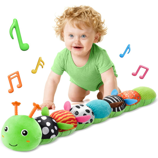 HEMRLY Baby Gifts Toys, Sensory Toy 0-6 Months, Musical Stuffed Caterpillar Plush with Soft Teether, Rattle for Tummy Time, Infant Car Seat Toy for 0-3-6-12 Month Boys Girls Gifts - Spotted Green