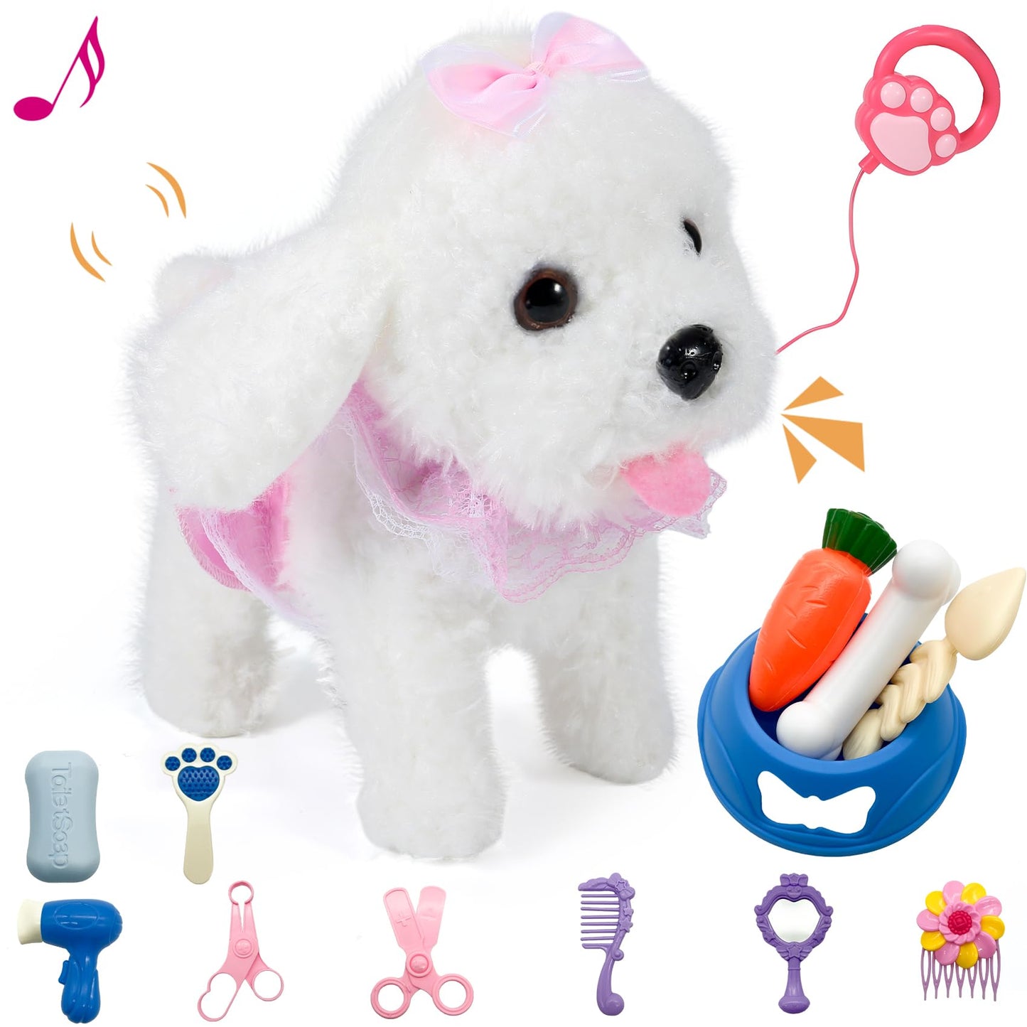 GOBRILLFUN Remote Control Robot Dog, Electronic Plush Puppy Dog Toy, Interactive Toys, Walks, Barks, Shake Tail, Stuffed Animal Gift for Girl and Boy Age 3-6 Year Old (White)
