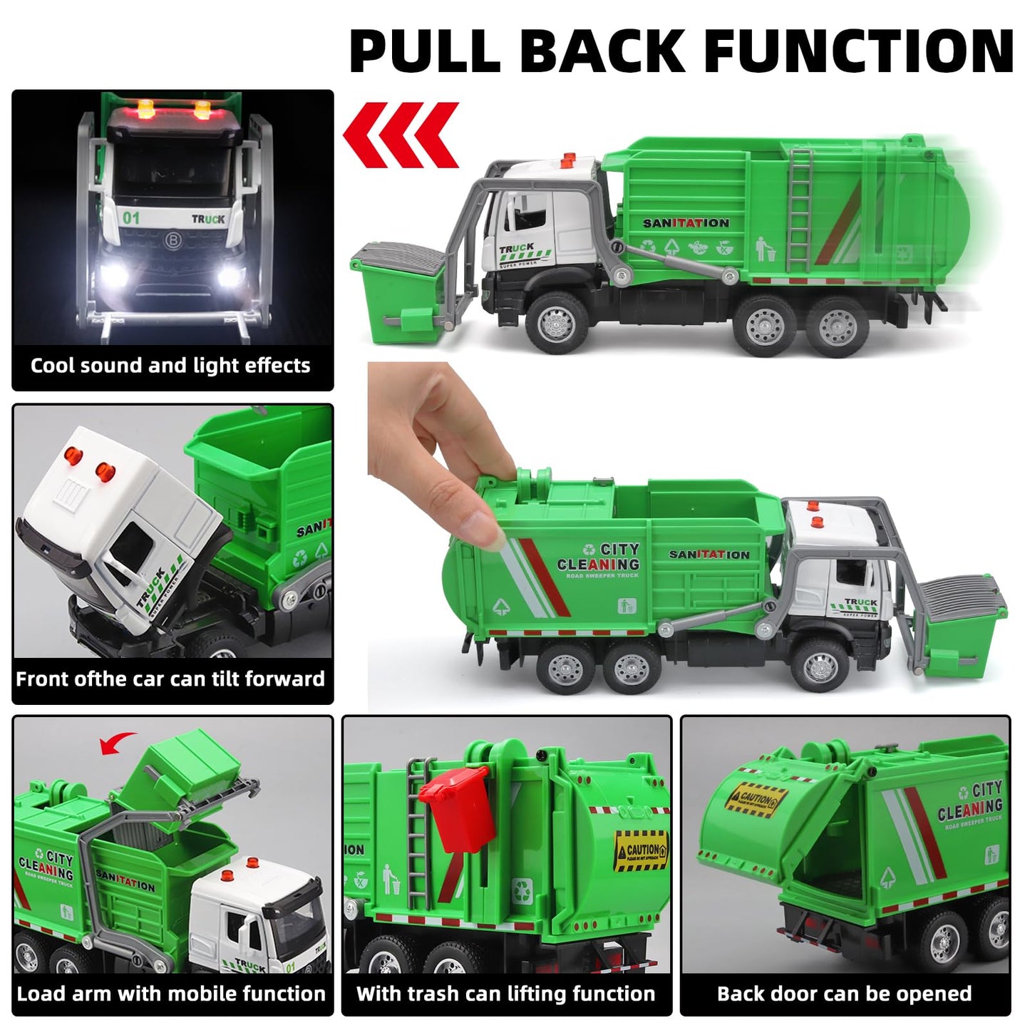 NOVAFUSION Garbage Truck Toys for Boys,Toy Garbage Truck Metal Diecast Cab,Pull Back Garbage Truck with Lights and Sounds,Front Loader Recycling Toy Garbage Trucks,Garbage Truck Toys for Boys Age 4-7