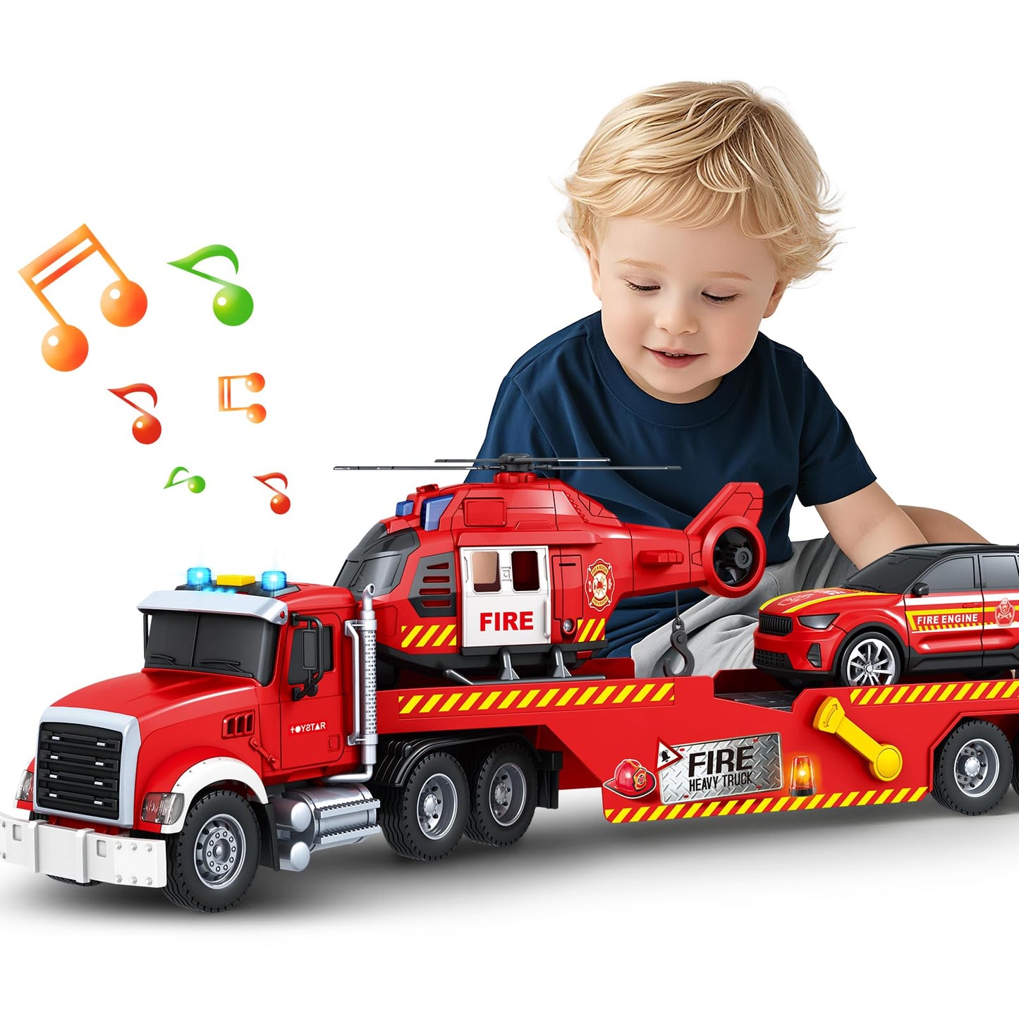 SpringFlower Extra Large Fire Truck Toys for Boys Girls with Racing Car and Helicopter, Lights, Sounds, Semi Truck Vehicle Toy for Toddlers 3 4 5 6 7, Christmas Birthday Gift