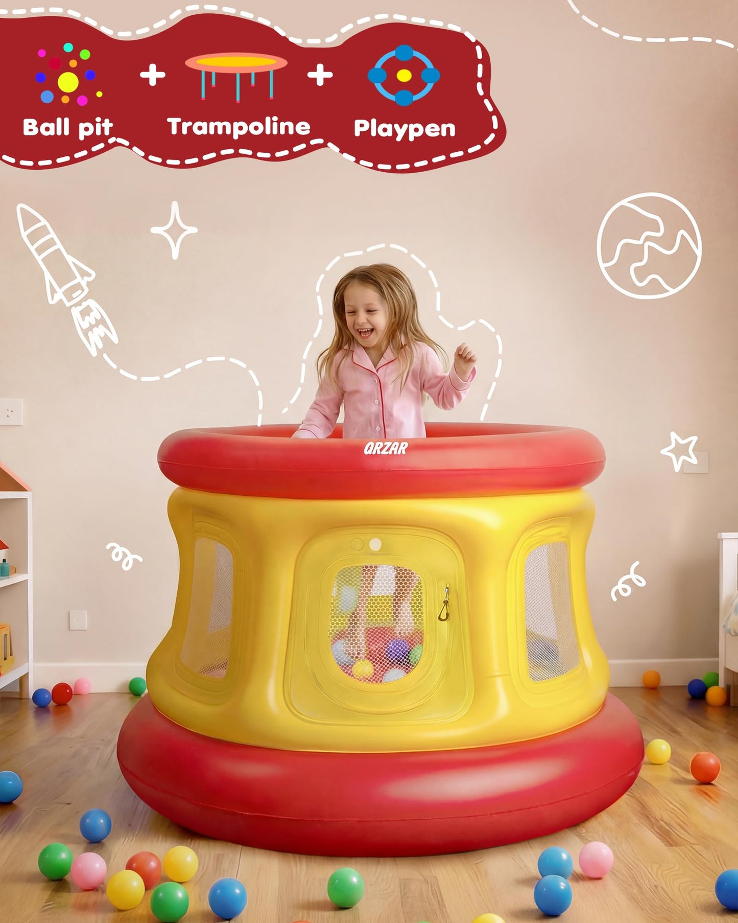 All-in-1 Inflatable Bounce House with 55 Balls for Toddlers 1-3, Playpen, Ball Pit and Trampoline, Thickened Matte PVC, Safety Net, 3-Min Setup with Air Pump for Kids Indoor and Outdoor Play(51'')