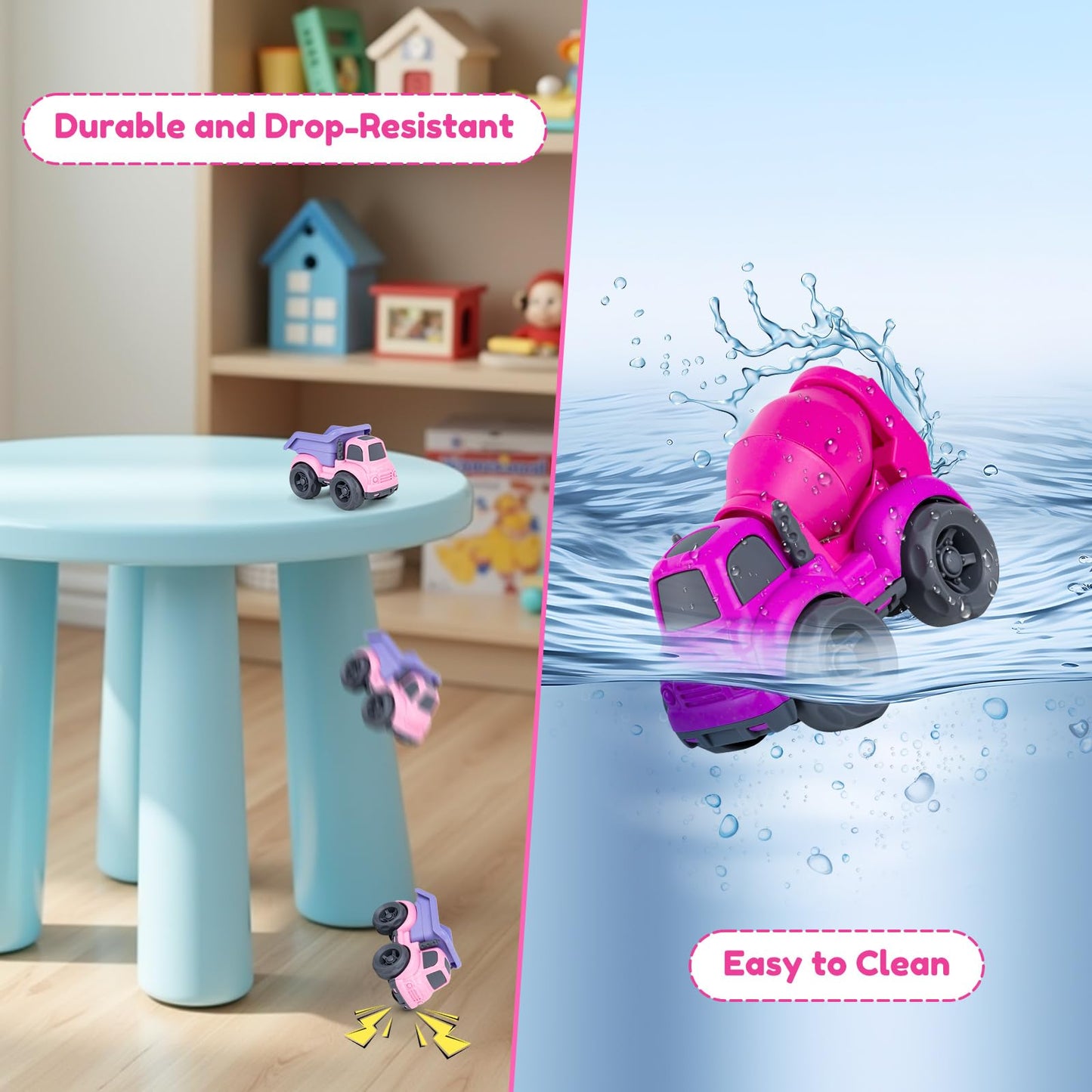 Aigitoy Dump Truck Toys for 3 Year Old Boys, BPA Free, Phthalates Free, PVC, Dump Truck, Mixer Cement, Easter Christmas Birthday Gifts for 2 3 4 Year Boy Girl. Dishwasher Safe,Recycled Plastic (Pink)