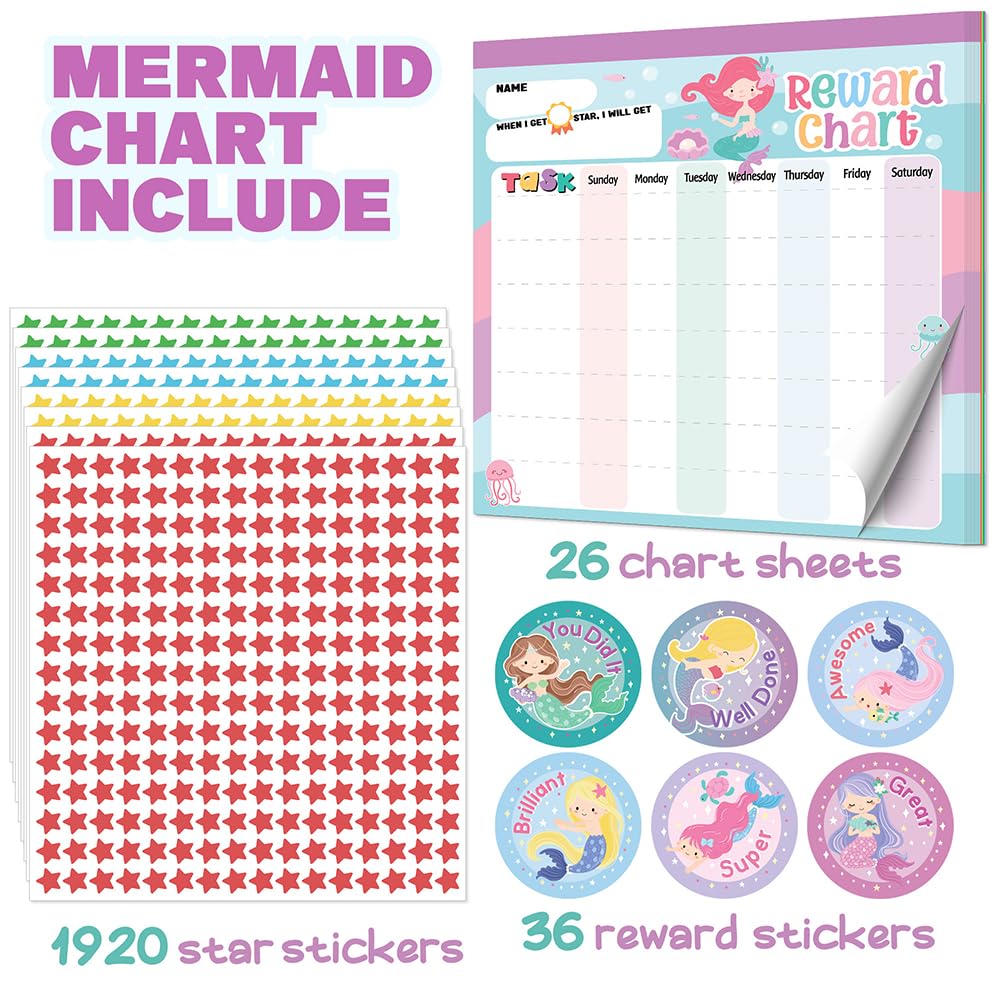 Reward Chart for Kids – Mermaid Magnetic Kids Behavior Chart, Pad with 26 Chore Charts, 1920 Star Stickers, 36 Incentive Stickers, Responsibility Chart for Kids Girls Toddlers - Kids Chore Chart