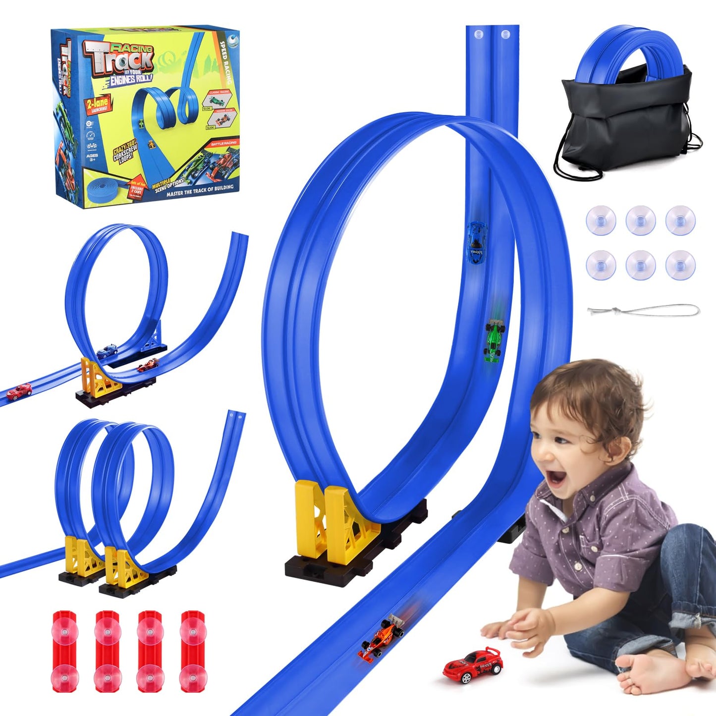 Flexible Race Car Track for Kids: 15 FT DIY Toy Car Track with Suction Cups, Roll-Up Portable Racetrack for Smooth Surfaces, Compatible with 1/64 DieCast Cars, Gift for Boys Girls Ages 3+