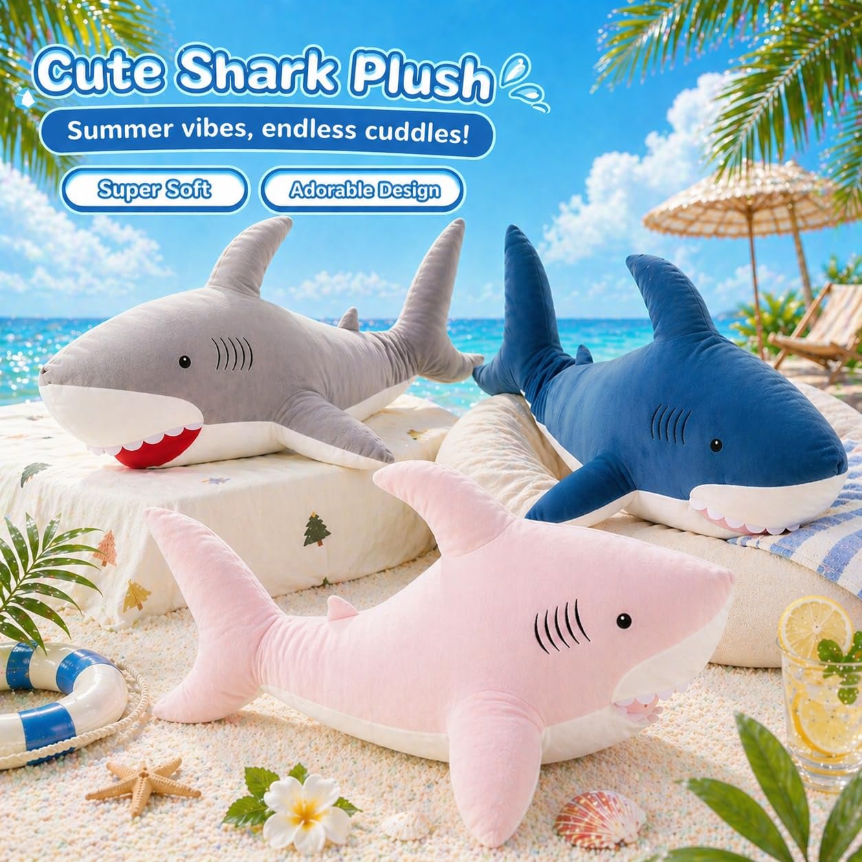 MorisMos 51inch Giant Shark Stuffed Animal, Large Shark Plush Toy Pillow Gift for Kids, Girlfriend, Blue
