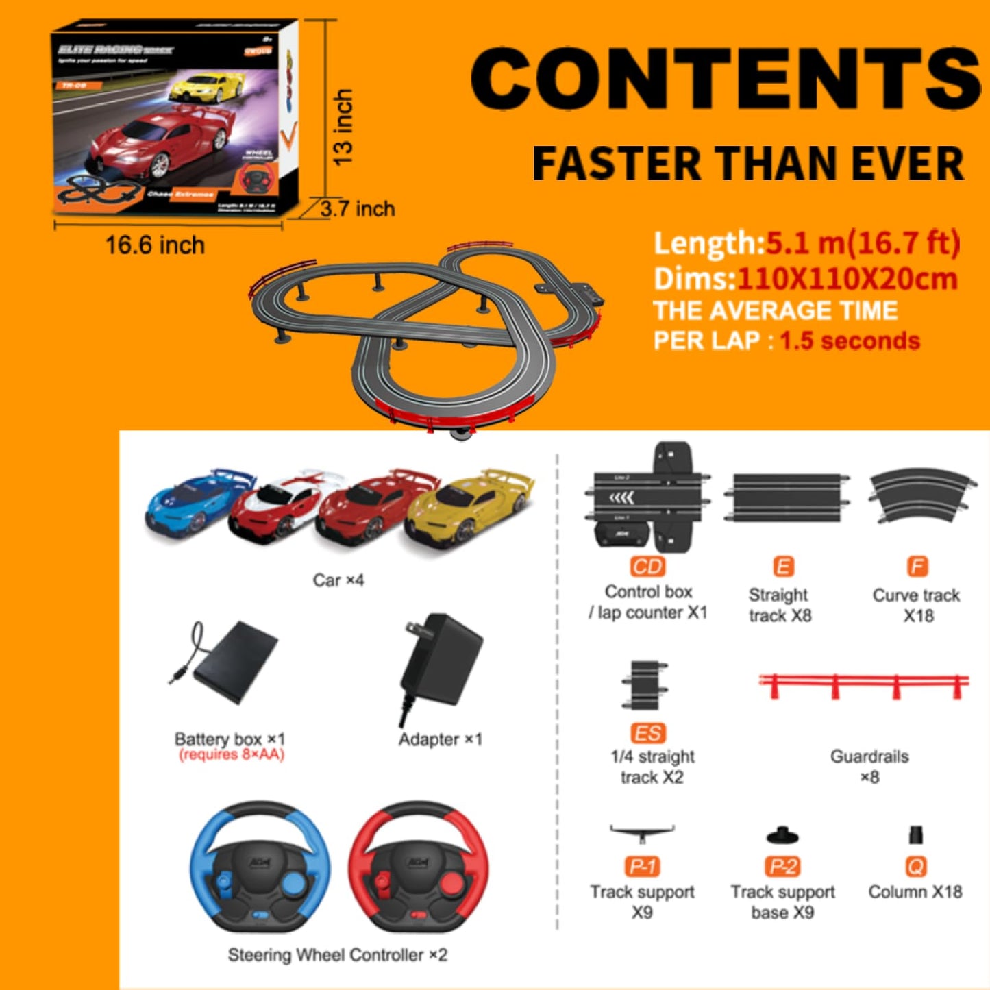 Slot Car Race Track Set with 4 Light-Up Cars, 2 Speed Adjustable Steering Wheel Controllers, 16.7ft Track with Overpass, Lap Counter, Dual Power Mode, Gift for Boys Girls Age 8+