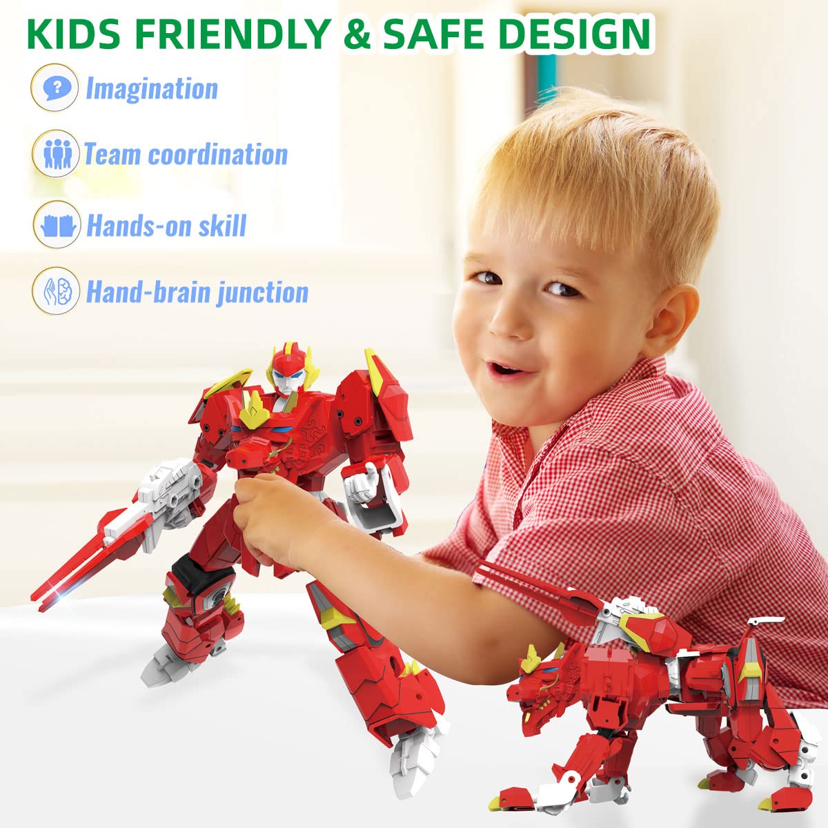 Wenbeier Animal Transforming Robot Toys Kirin Action Figure for Kids 10-in Deformation Robot for Boys & Girls Ages 6 7 8 9 10 (Red)
