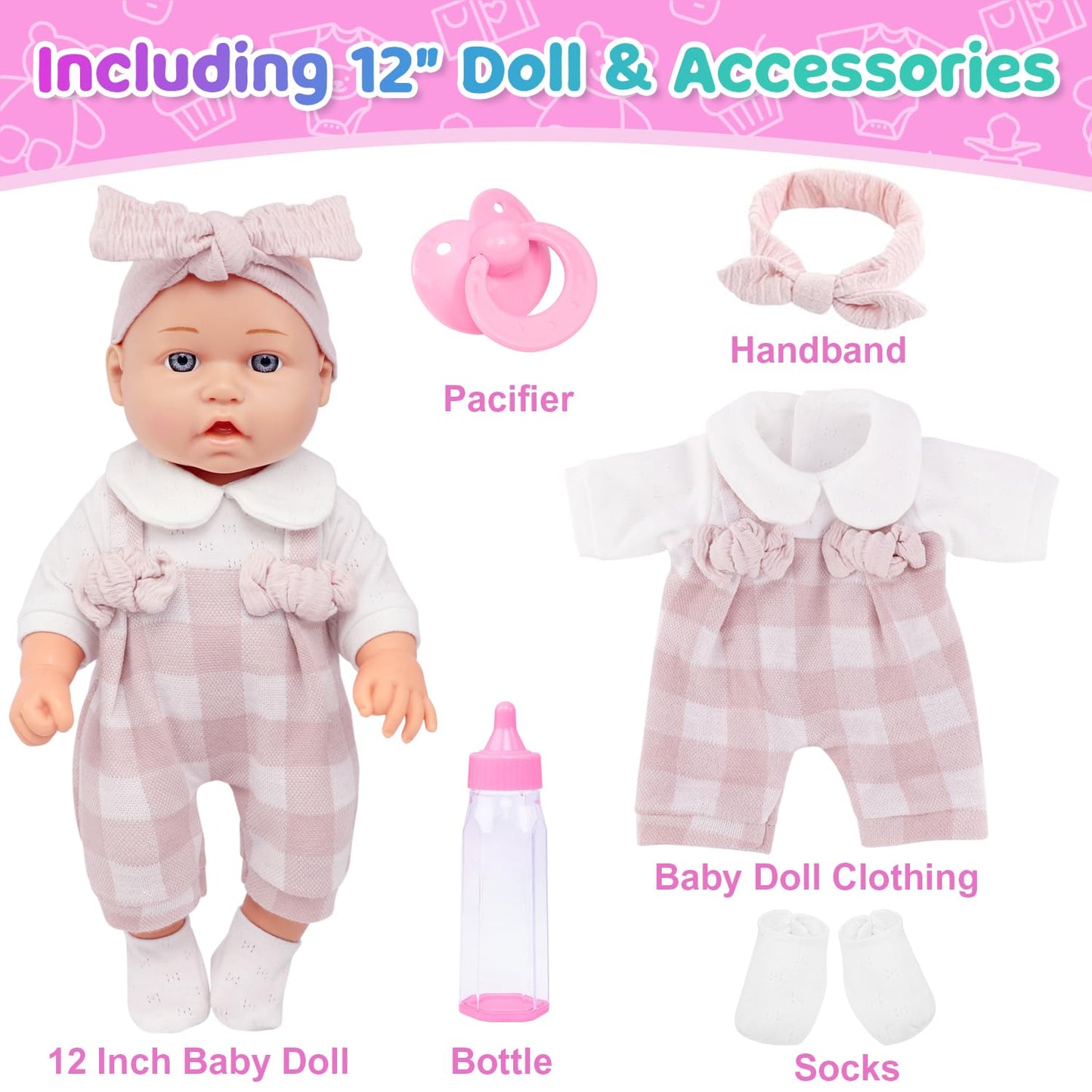 Ecore Fun 12" Baby Doll and Clothes Accessories Playset - 6 Pcs 12 Inch Doll with Pink Romper Outfit, Headband, Socks, Pacifier, Bottle | Gift Ready in Box