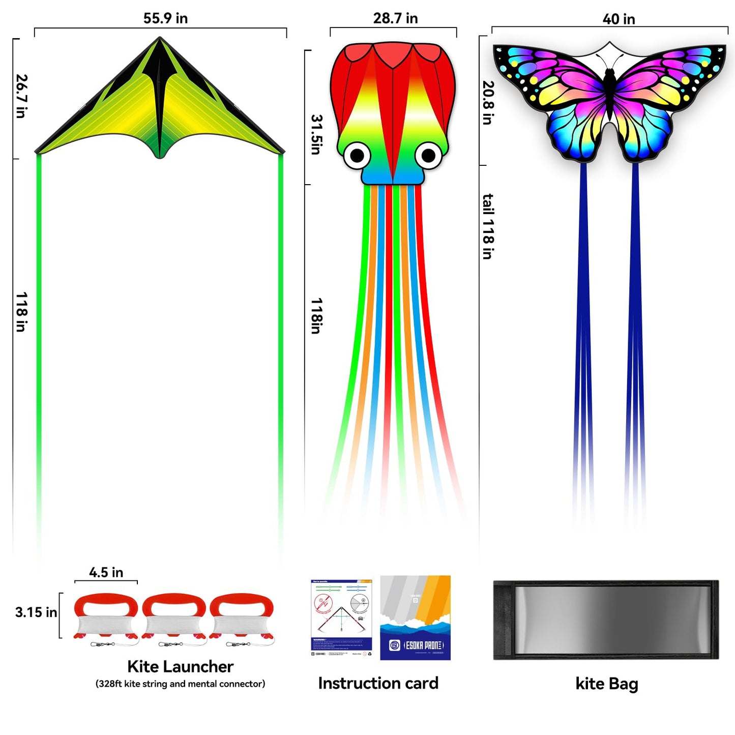 Kites for Kids & Adults,Large Kite for Beginners, Kites for Kids Ages 4-8,Outdoors Activities with Complete Handle, 328ft Kite String & Accessories (L Grassland,HG Butterfly,QC Octopus, 3)