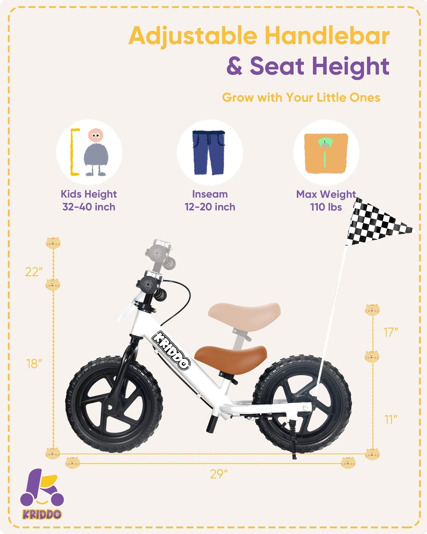 KRIDDO Pro Toddler Balance Bike 2+ Year Old with Hand Brake and Kickstand, 12 Inch Push Bicycle, Gift Bike for 2-5 Boys Girls, White