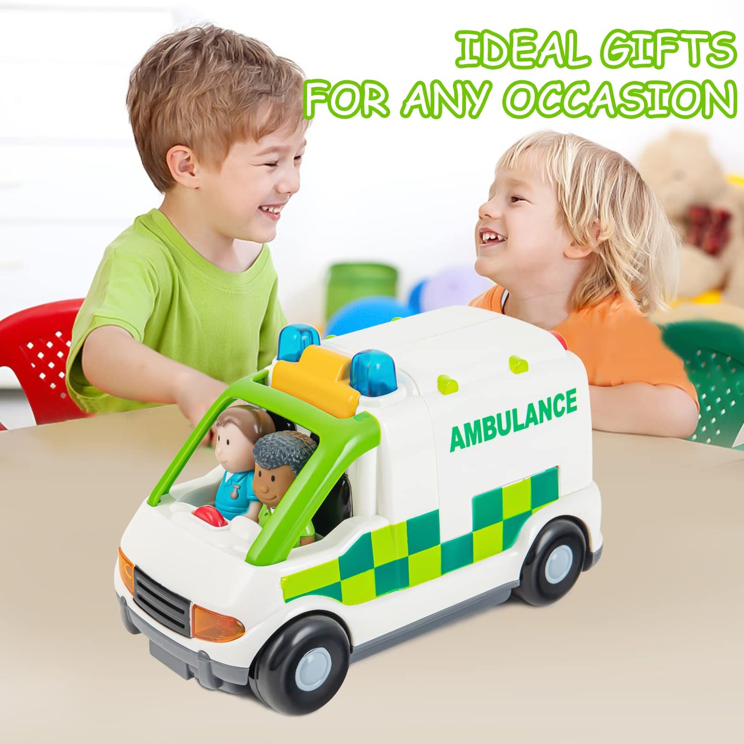 Auspint Ambulance Toy Powered Vehicle with Lights and Sounds, Rescue Role Play Set, Ambulance Set, Play and Learn Toddler Toys for 1 2 3 Year Old Boys Children Toy Truck Party Birthday Gift