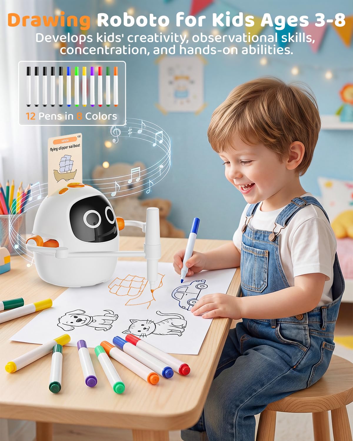 Drawing Robot for Kids Ages 3-8, Rechargeable Interactive Educational Drawing Machine with 200+ Cards & 12 Pens, Montessori Painting Learning Toy, Birthday for Boys & Girls