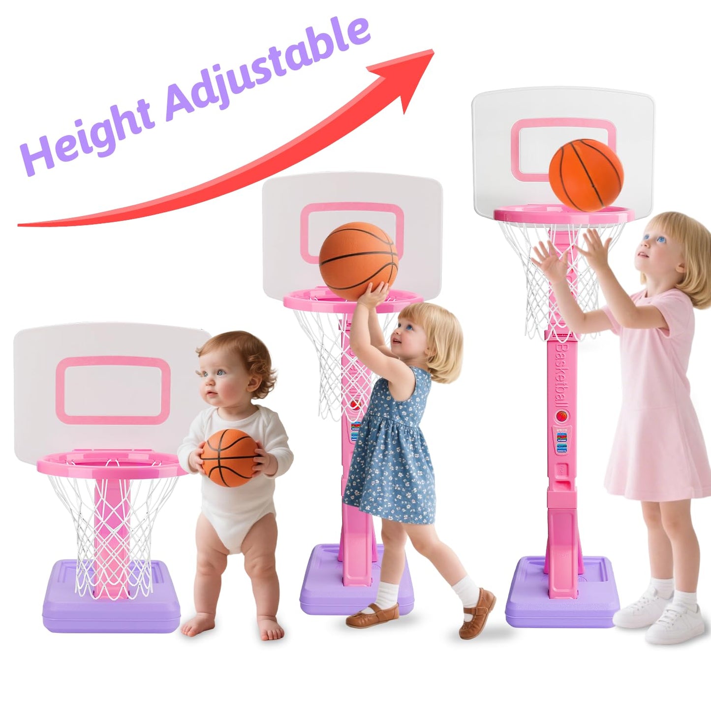 Qirptey Toddler Girl Basketball Hoop Indoor Pink Adjustable Mini Basketball Goal with Ball Pump for Outdoor Poolside Toys Backyard Game Outside Basketball Toy for Kids Age 3-5 6 7 4-8 Birthday Gift