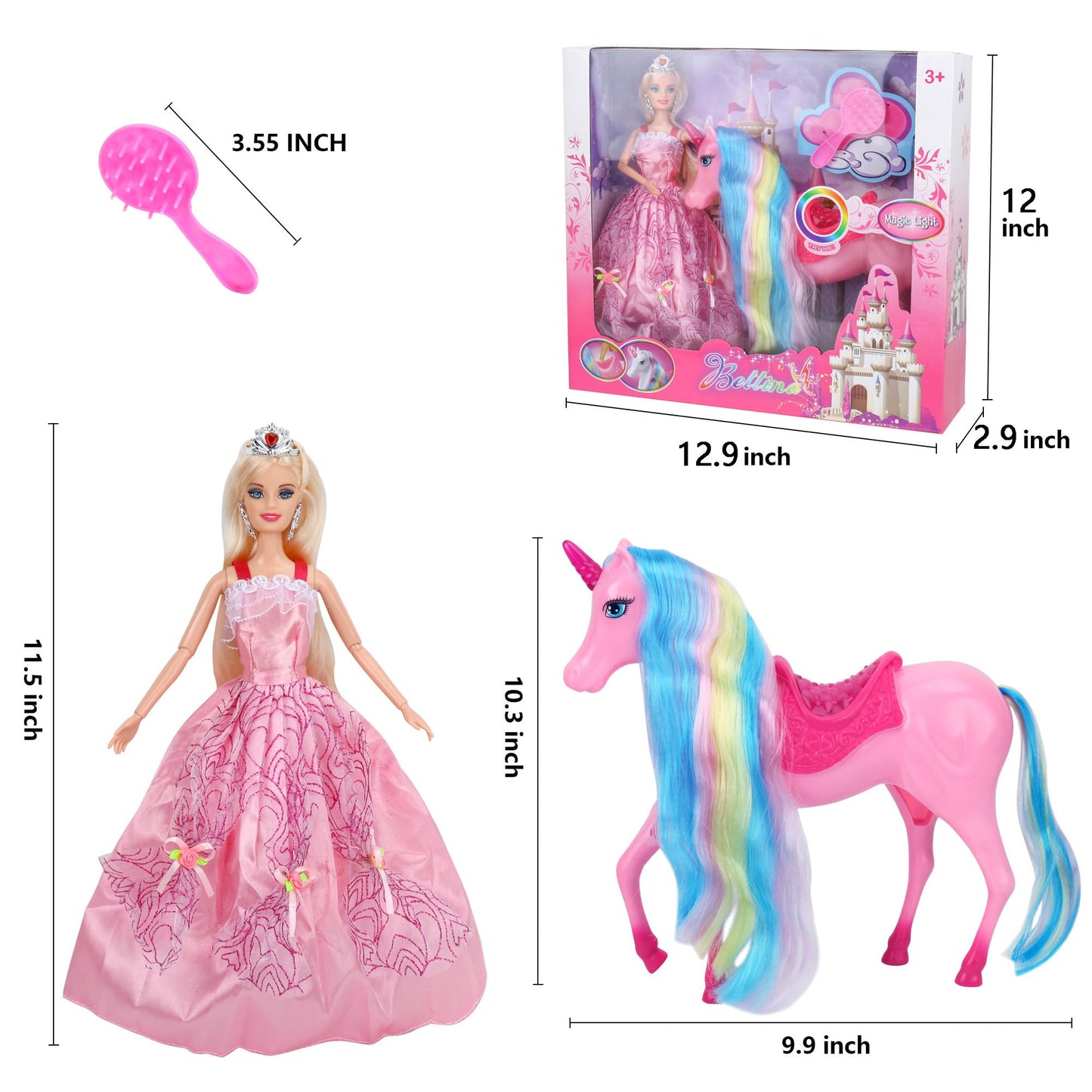 BETTINA Magical Light Unicorn Princess Dolls Set, Unicorn Toys for Girls, Horse Toy with Mane and Tail, Princess Toys, Unicorn Gifts for Girls
