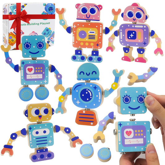 Robots Wooden Snap-Together Building Toys – 28-Piece STEM Montessori Educational Blocks for Toddlers Ages 3–6 | Fine Motor Skills Development | Safe, Durable, Creative Robot Toys Gift for Kids