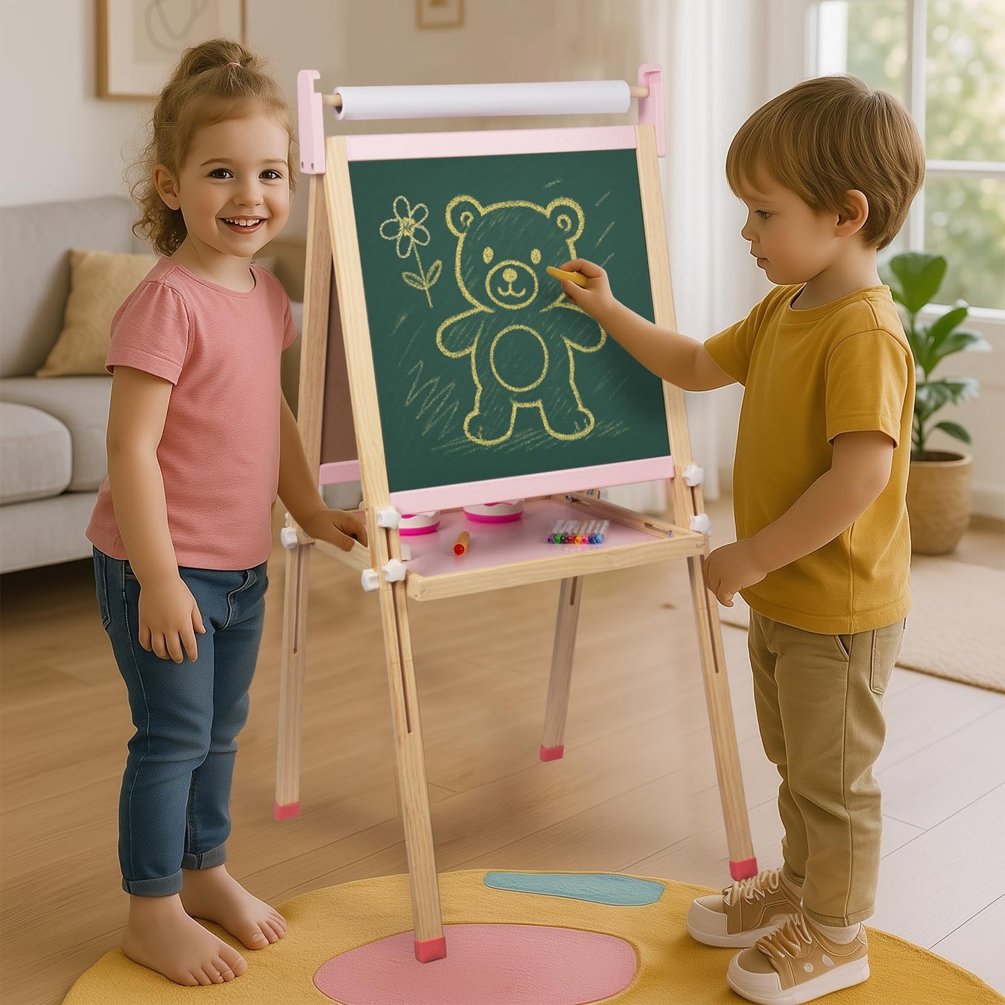 Kids Wooden Easel with Paper Roll, Adjustable Magnetic Double Sided Drawing Board Whiteboard & Chalkboard Dry Easel Board, Children Art Easel for 3-12 Years Kids Boys Girls Painting Drawing (Pink)