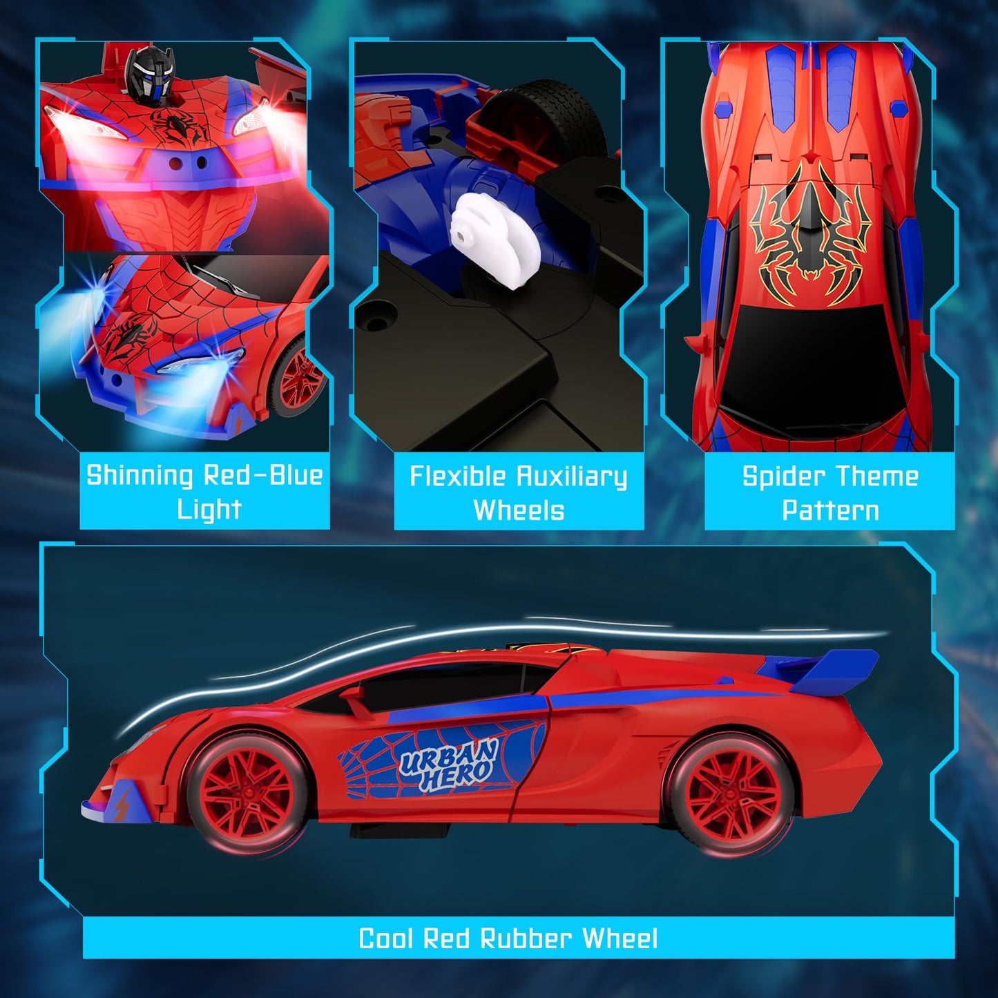 Qumcou Spider Toys for Boys 4-6, Remote Control Car, One-Button Transform Superhero Toys, 2.4Ghz RC Cars, 360° Spin,1:16 Scale, Shinning Red and Blue Light, Birthday Gifts for Boys, Boy Toys Age 6-8