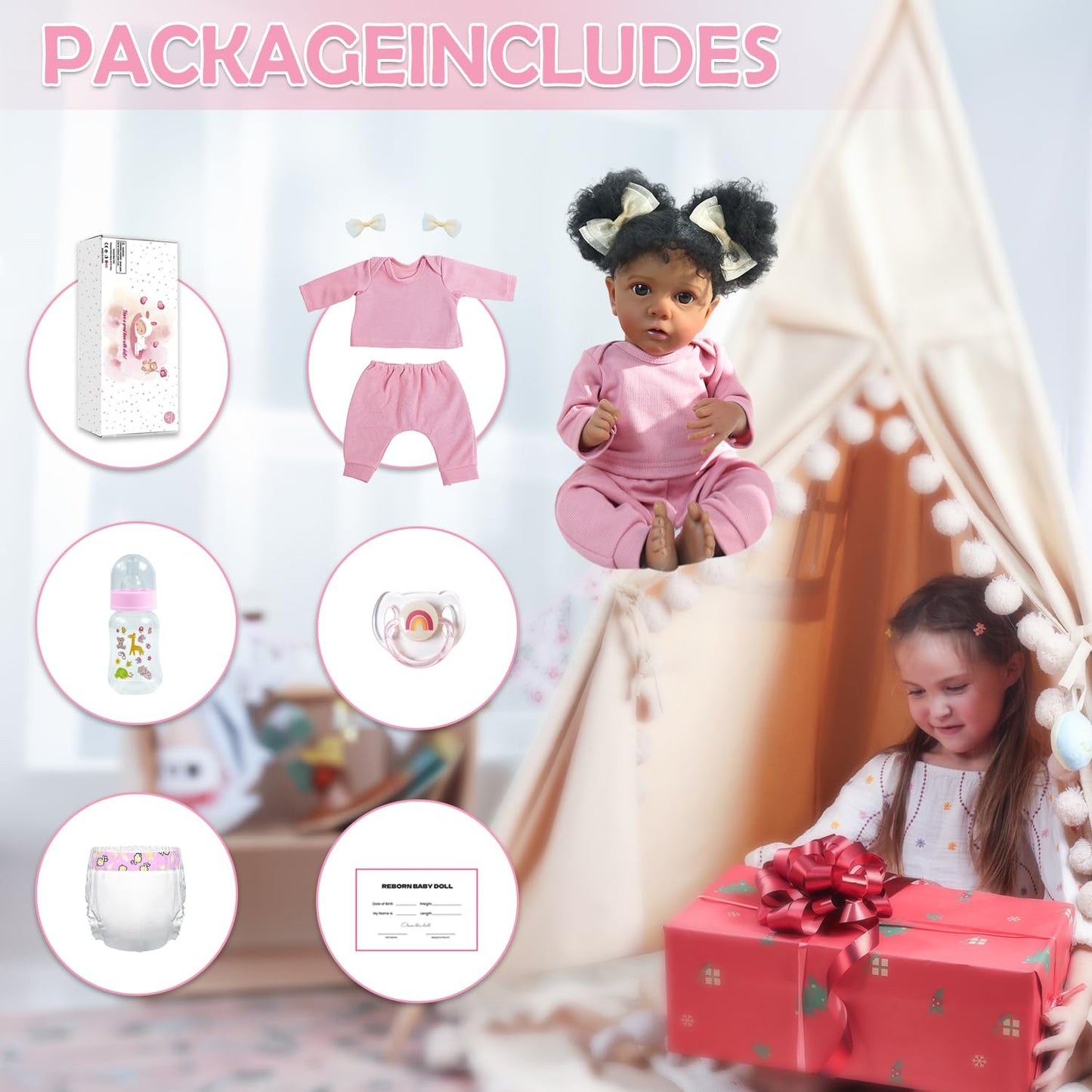 WOOROY Reborn Baby Dolls Girl Black African American - 20 Inch Realistic Newborn Baby Doll in Pink Outfit, Soft Cloth Body with Full Accessories, Gift for Kids Aged 3+