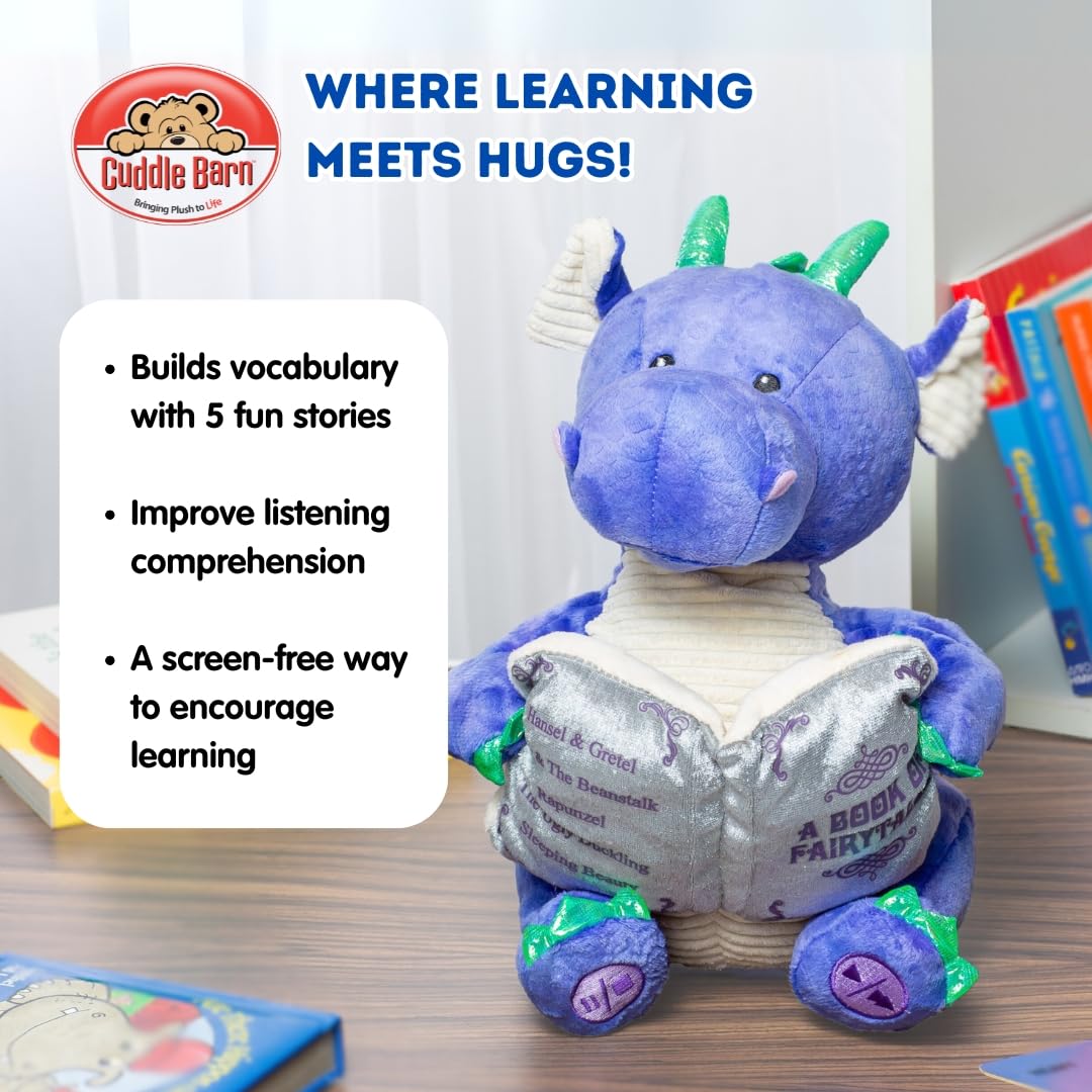 Cuddle Barn | Dalton The Storytelling Dragon with Light Up Book - Animated Stuffed Animal Plush Toy | Mouth Moves, Head Sways | Recites 5 Fairy-Tales - 11" Height