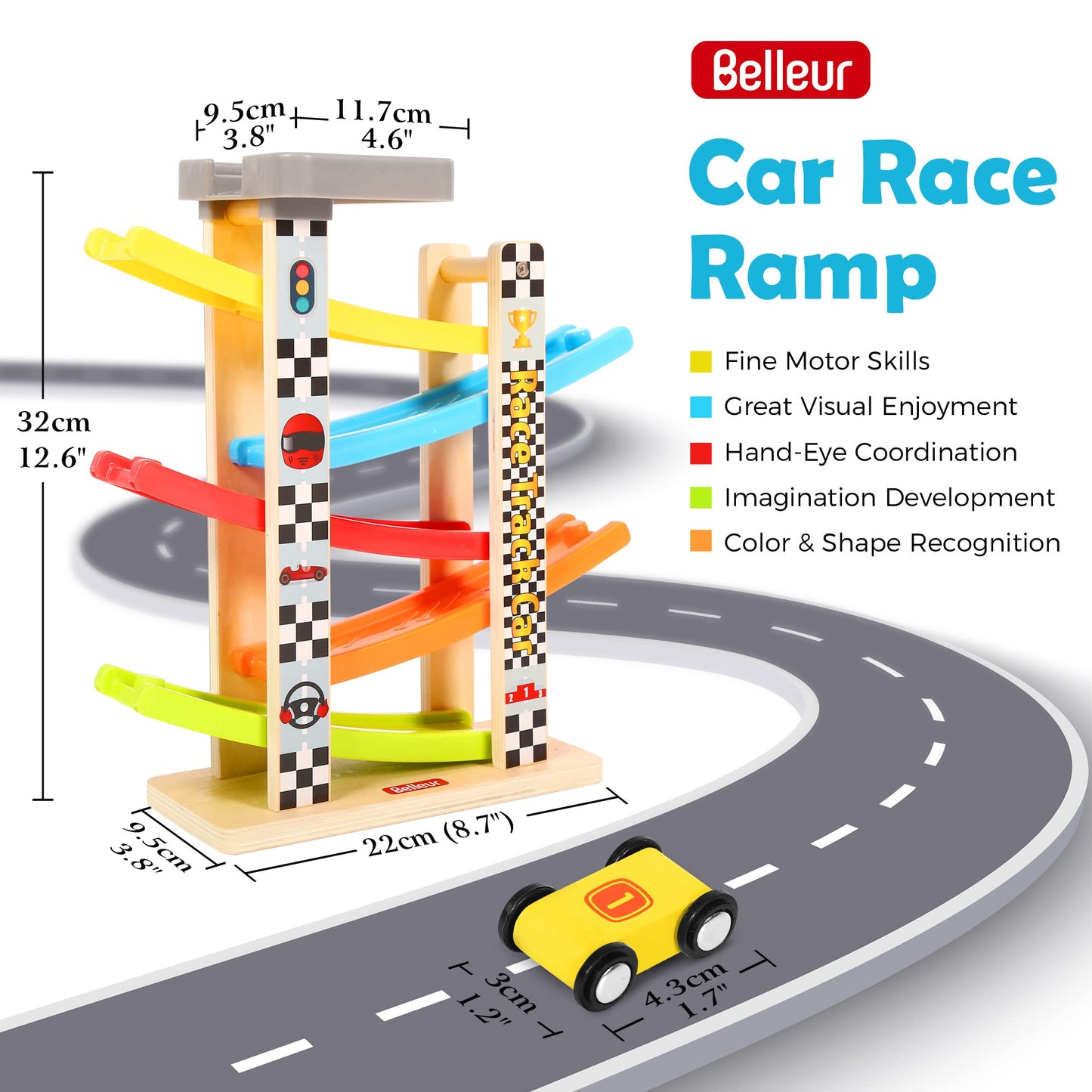 Belleur Montessori Toy for 1-3 Years Old Boys and Girls, Kid Race Track Car for Toddlers with 5 Mini Cars & 5 Ramps, Wooden Montessori Car Ramp Toy Set for Babies' Birthday Gifts, Visit Gifts
