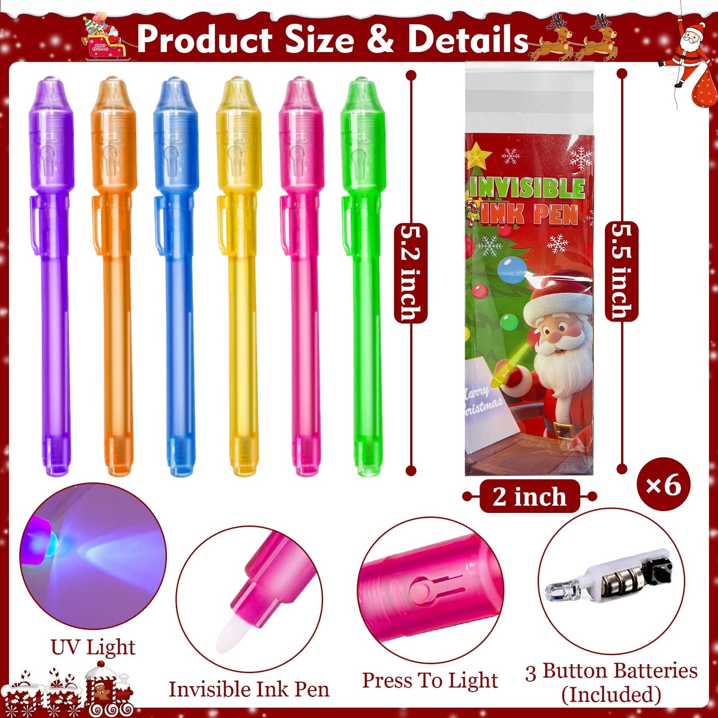 iGeeKid 6 Pack Invisible Ink Pen with UV Light,Easter Basket Party Favor for Kids Gift Bag, Stocking Stuffer for Kids, Secret Spy Pens Magic Disappearing Ink Marker for Goodie Bag Xmas, New Year's Eve