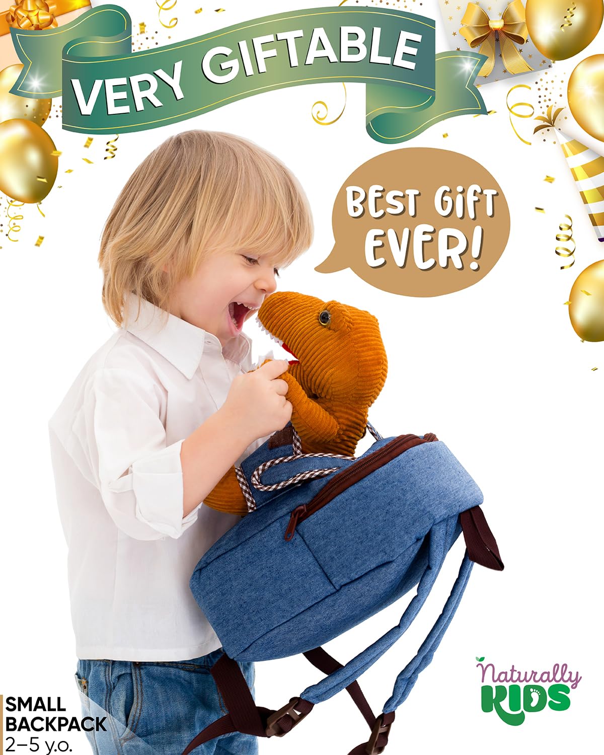 Naturally KIDS Toddler Backpack w Dinosaur Toys for Kids 2-4, 2 Year Old Boy Birthday Gift, 3 Year Old Boy Gift Girl, Toddler Dinosaur Toy