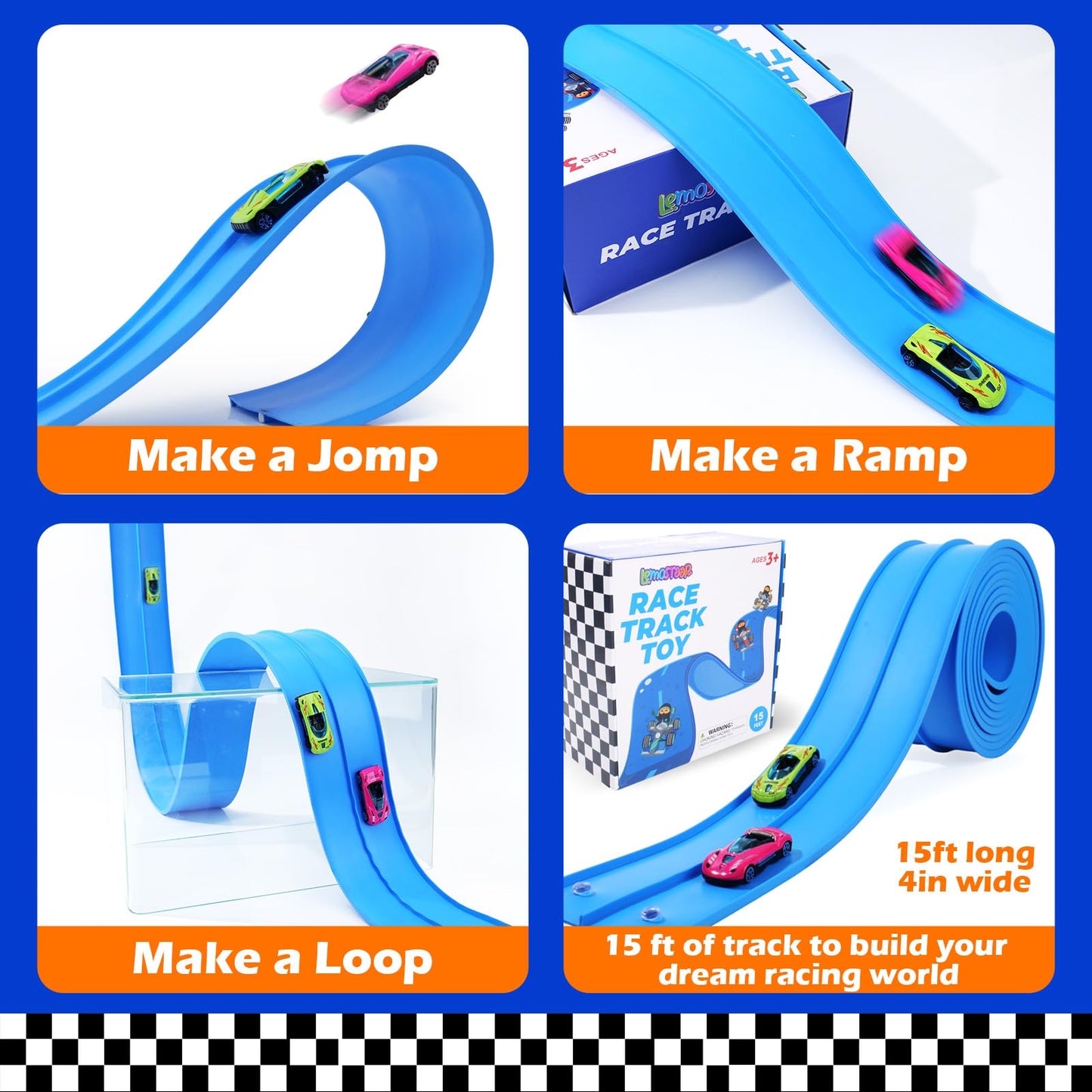 Flexible Race Track Toys for Kids: 15 Ft Flex Race Car Ramp Track with Suction Cups - Rolls Up Portable DIY Racetrack Compatible with Diecast 1/64th Cars Model - Birthday Gifts for Boys Girls Ages 3+