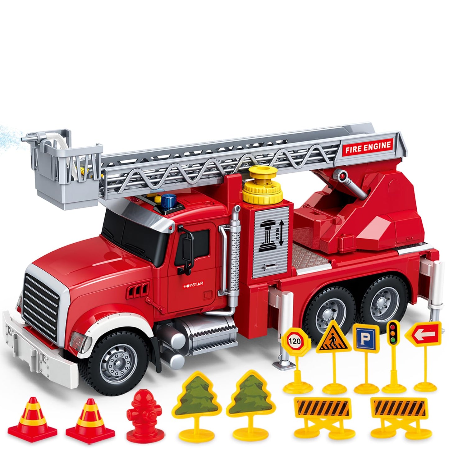 Kids Toys for 3 4 5 6 7 8 Years Old Boys, 15" Large Fire Truck Toy, Friction Powered Fire Rescue Truck Vehicle Toy with Lights and Sirens Sounds, Water Pump, Ladder, Birthday Gifts for Boys Girls