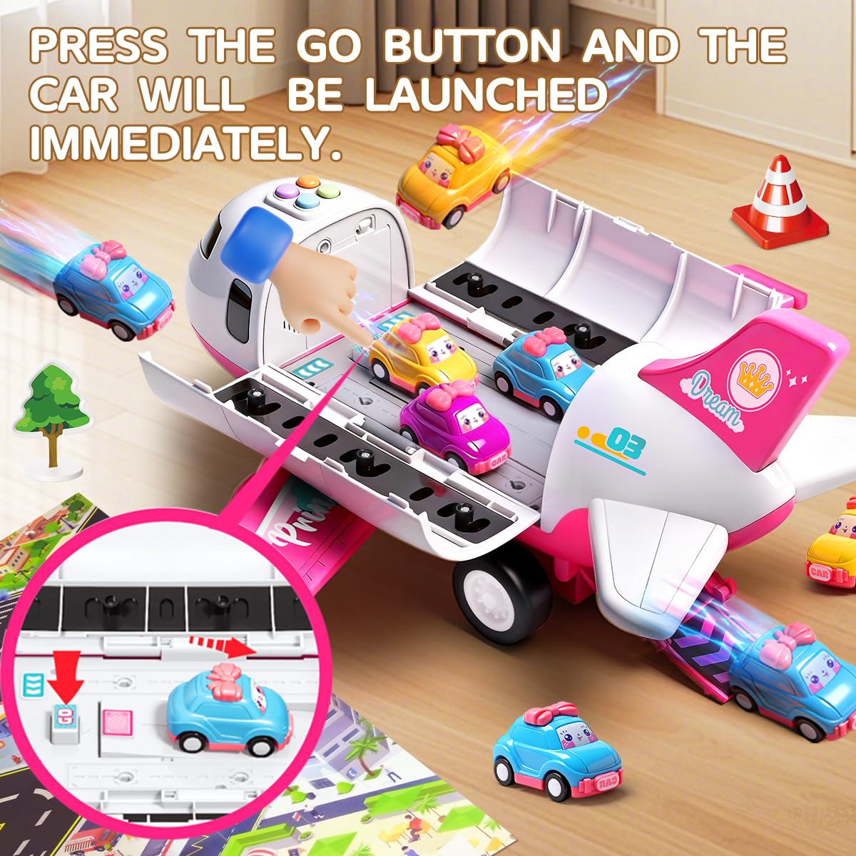 Pink Airplane Toy with Princess Cars and Play Mat,Plane with Lights and Sounds for 2 3 4 5 6 7 Year Old Toddler Girls,Birthday Gift Idea for Kids
