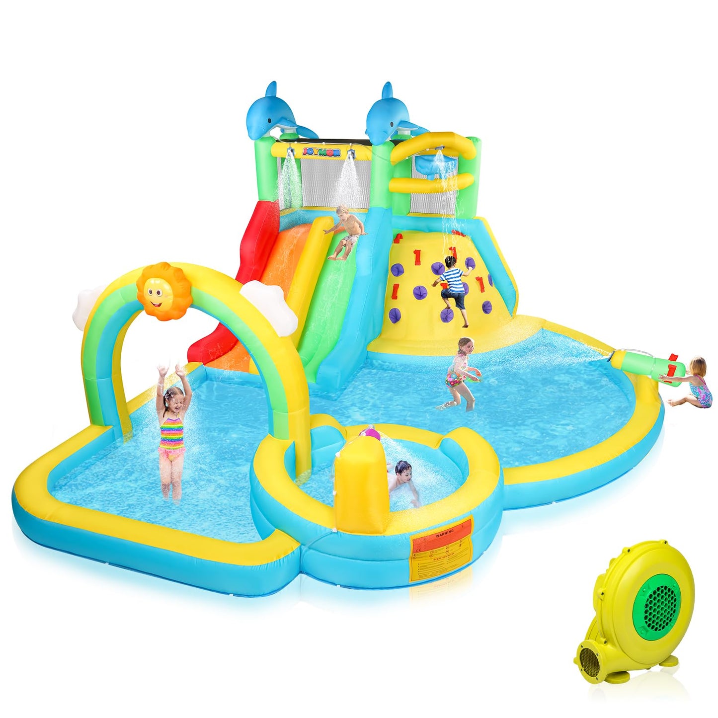 (2026 New) JOYMOR Inflatable Water Slide Bounce House w/Water Bucket, Climbing Wall, Pool, Rainbow Sprinklers, 1min Blow Up Water Slide 10-in-1 for Kids w/Strong Blower, Carrying Bag